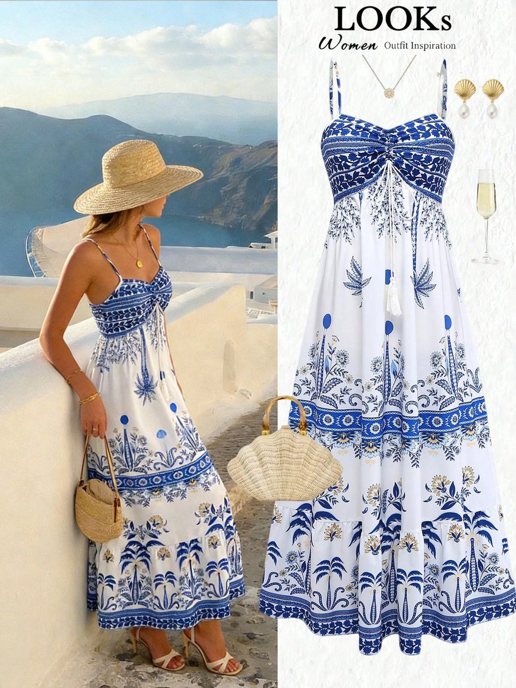 GlowEve Women's White And Blue Floral Summer Boho Beach Vacation