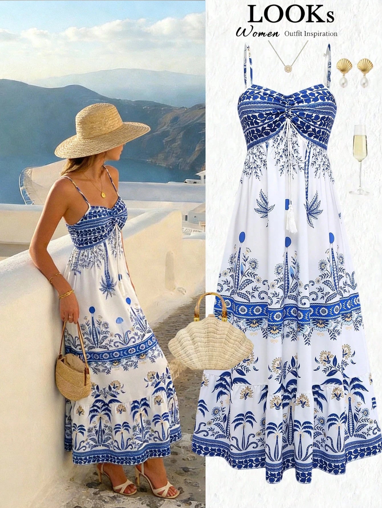 GlowEve Women's White And Blue Floral Summer Boho Beach Vacation
