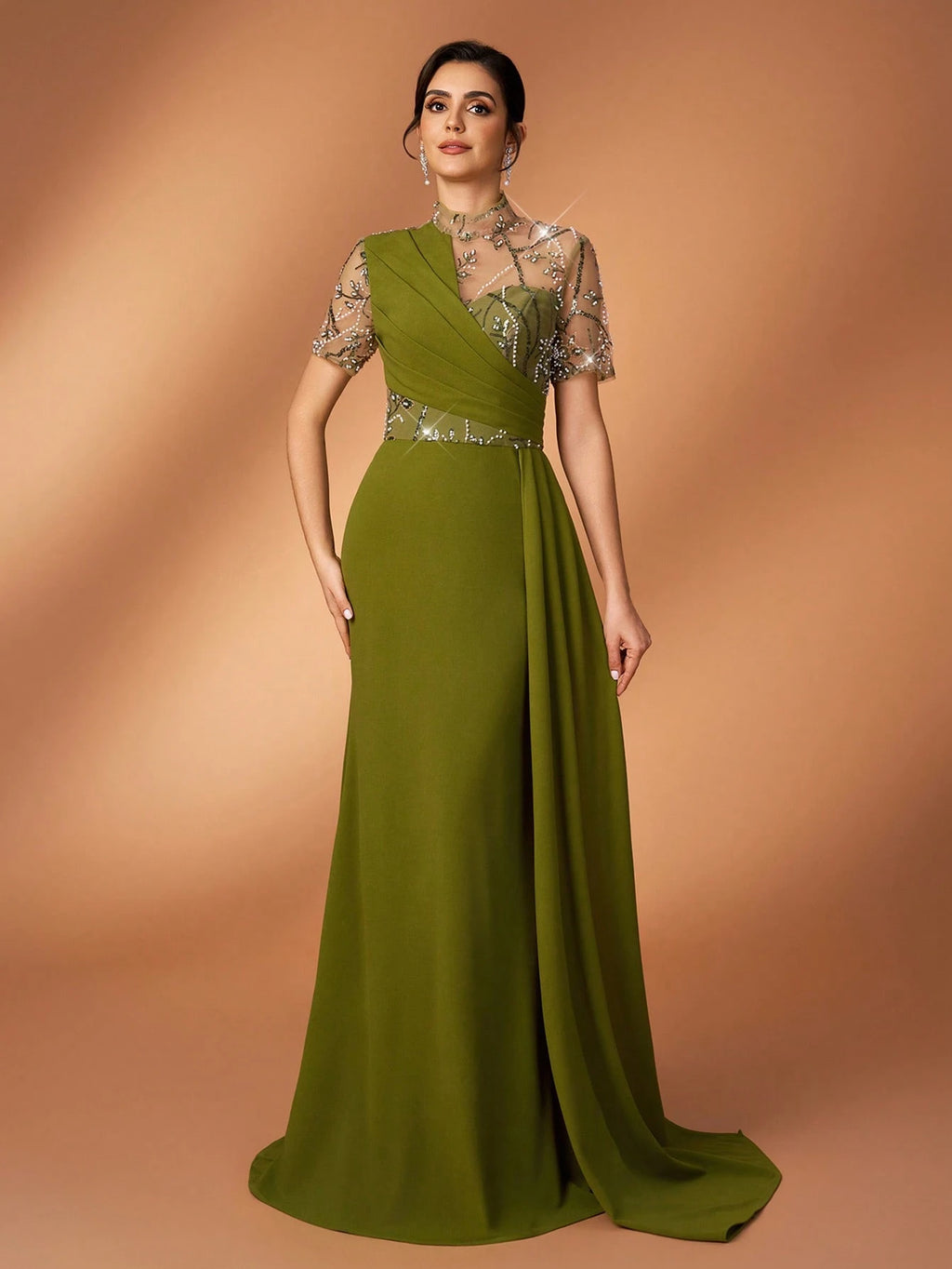Serin Olive Green Winter Elegant Formal Evening Gowns Luxurious Beaded,Sequin,Embroidered Mesh Splice Knit