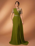 Serin Olive Green Winter Elegant Formal Evening Gowns Luxurious Beaded,Sequin,Embroidered Mesh Splice Knit