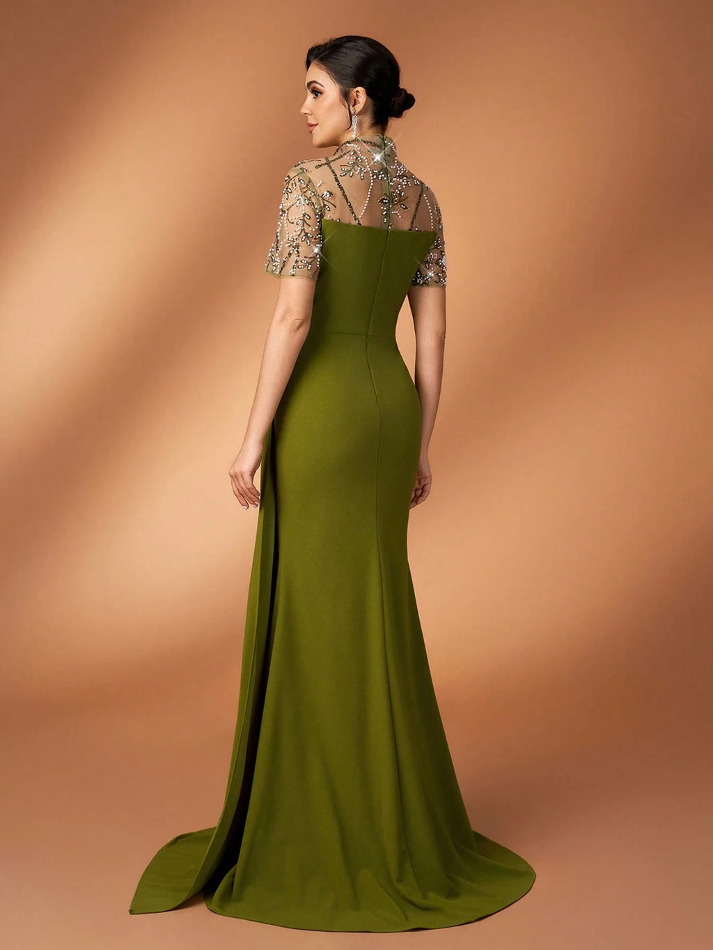 Serin Olive Green Winter Elegant Formal Evening Gowns Luxurious Beaded,Sequin,Embroidered Mesh Splice Knit - image 3