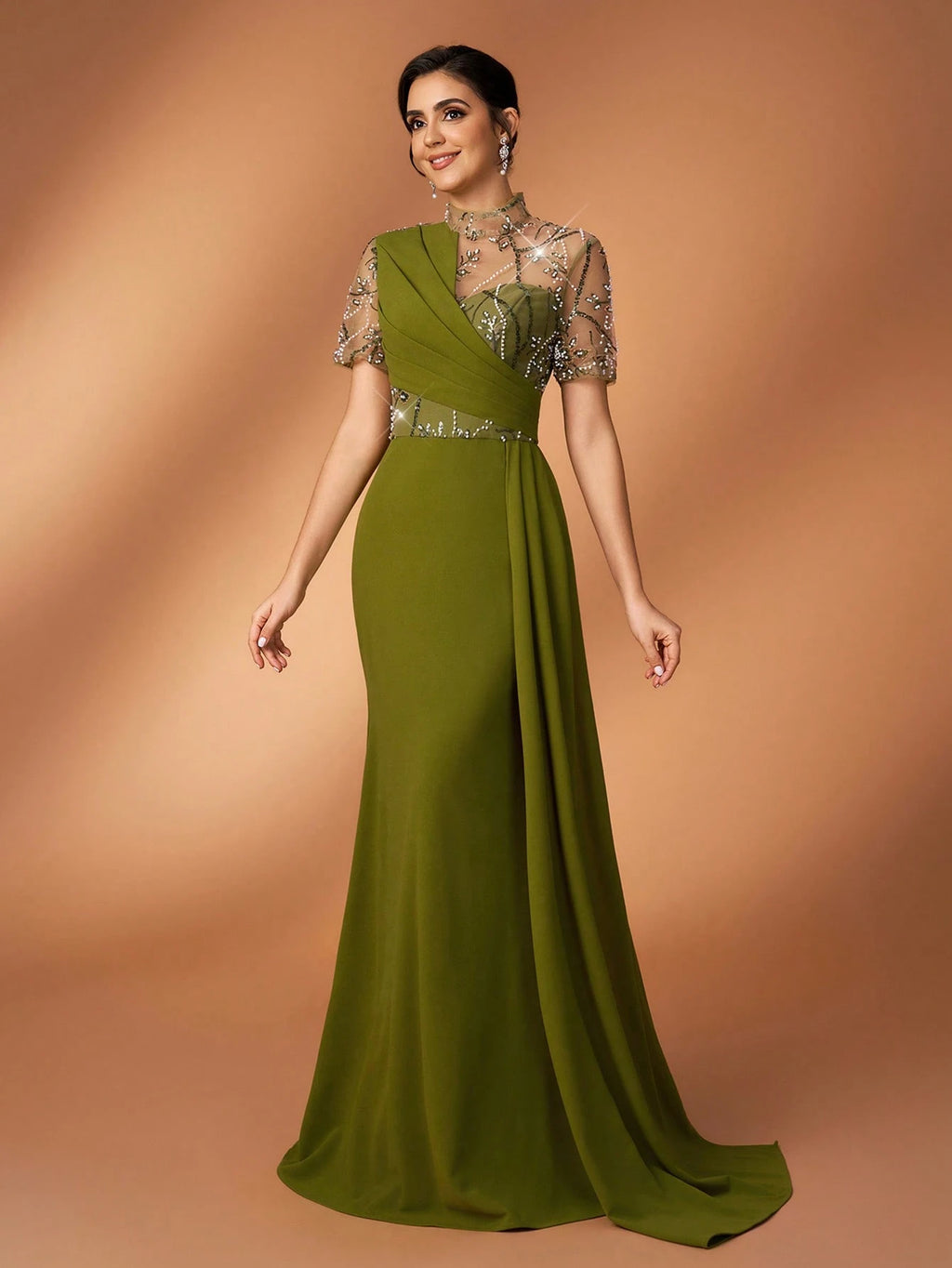 Serin Olive Green Winter Elegant Formal Evening Gowns Luxurious Beaded,Sequin,Embroidered Mesh Splice Knit - image 4