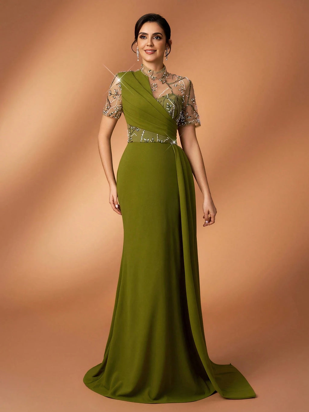 Serin Olive Green Winter Elegant Formal Evening Gowns Luxurious Beaded,Sequin,Embroidered Mesh Splice Knit - image 5