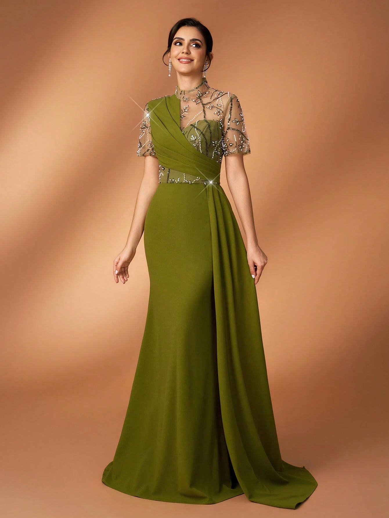 Serin Olive Green Winter Elegant Formal Evening Gowns Luxurious Beaded,Sequin,Embroidered Mesh Splice Knit - image 6