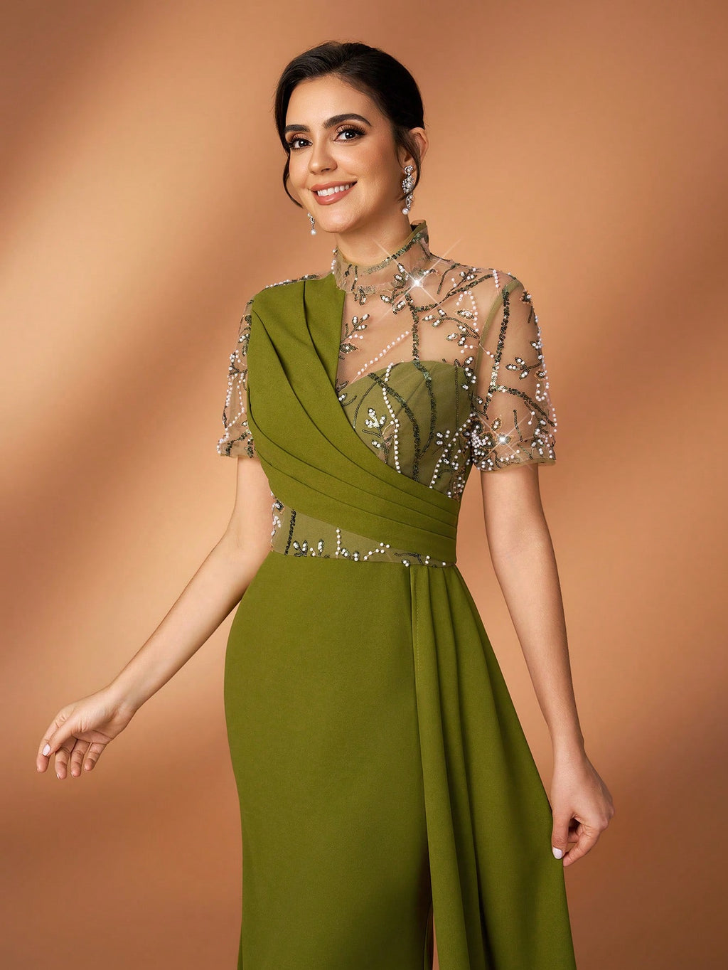 Serin Olive Green Winter Elegant Formal Evening Gowns Luxurious Beaded,Sequin,Embroidered Mesh Splice Knit - image 7