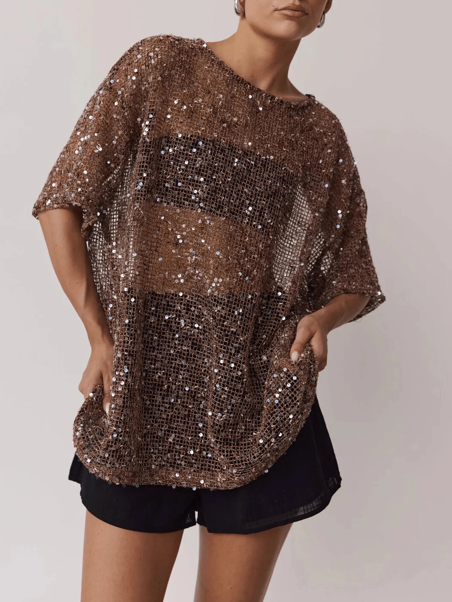 Dresses For WomenWomen Sequin Sheer Short Sleeve Glitter T Shirt