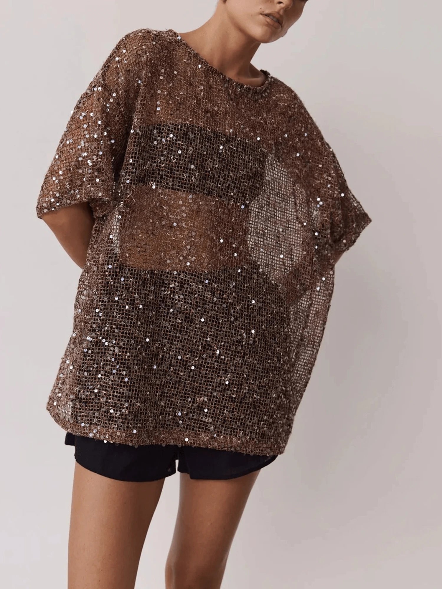 Dresses For WomenWomen Sequin Sheer Short Sleeve Glitter T Shirt