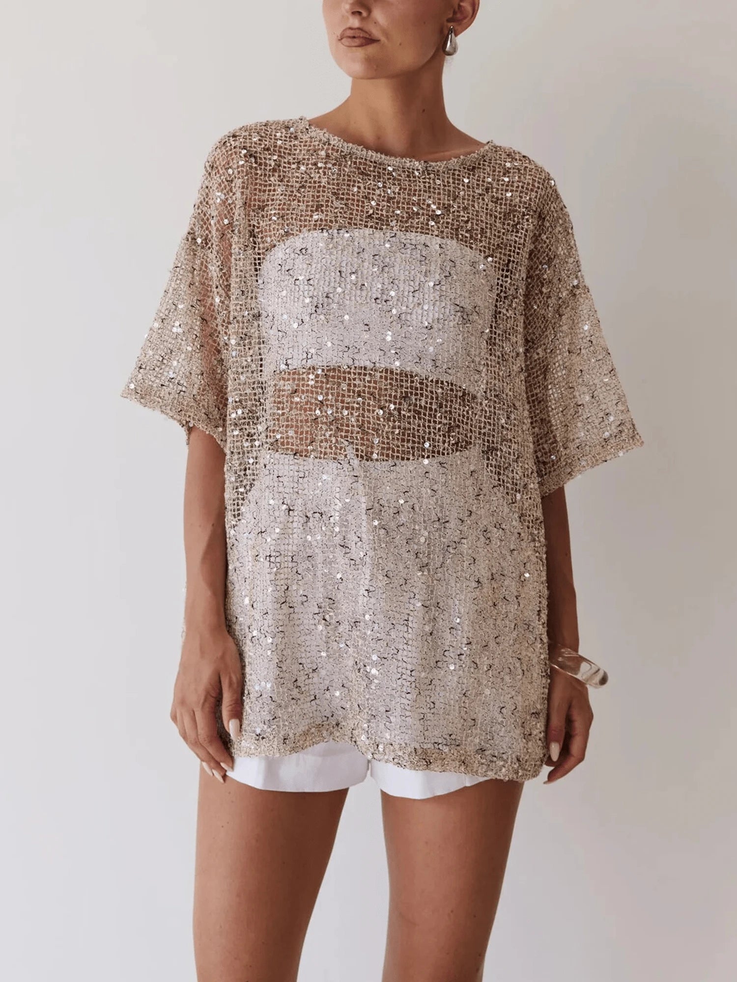 Dresses For WomenWomen Sequin Sheer Short Sleeve Glitter T Shirt