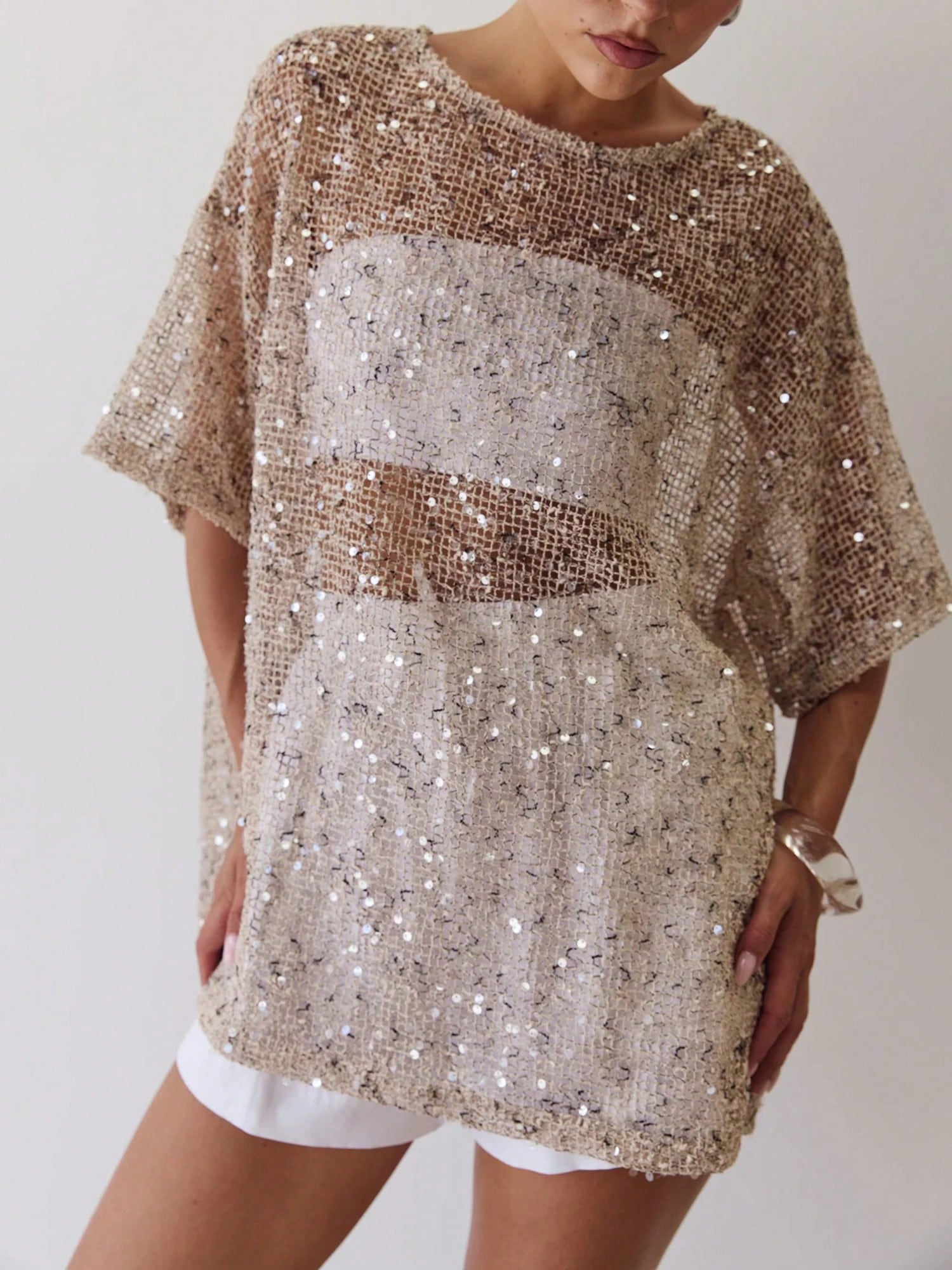 Dresses For WomenWomen Sequin Sheer Short Sleeve Glitter T Shirt