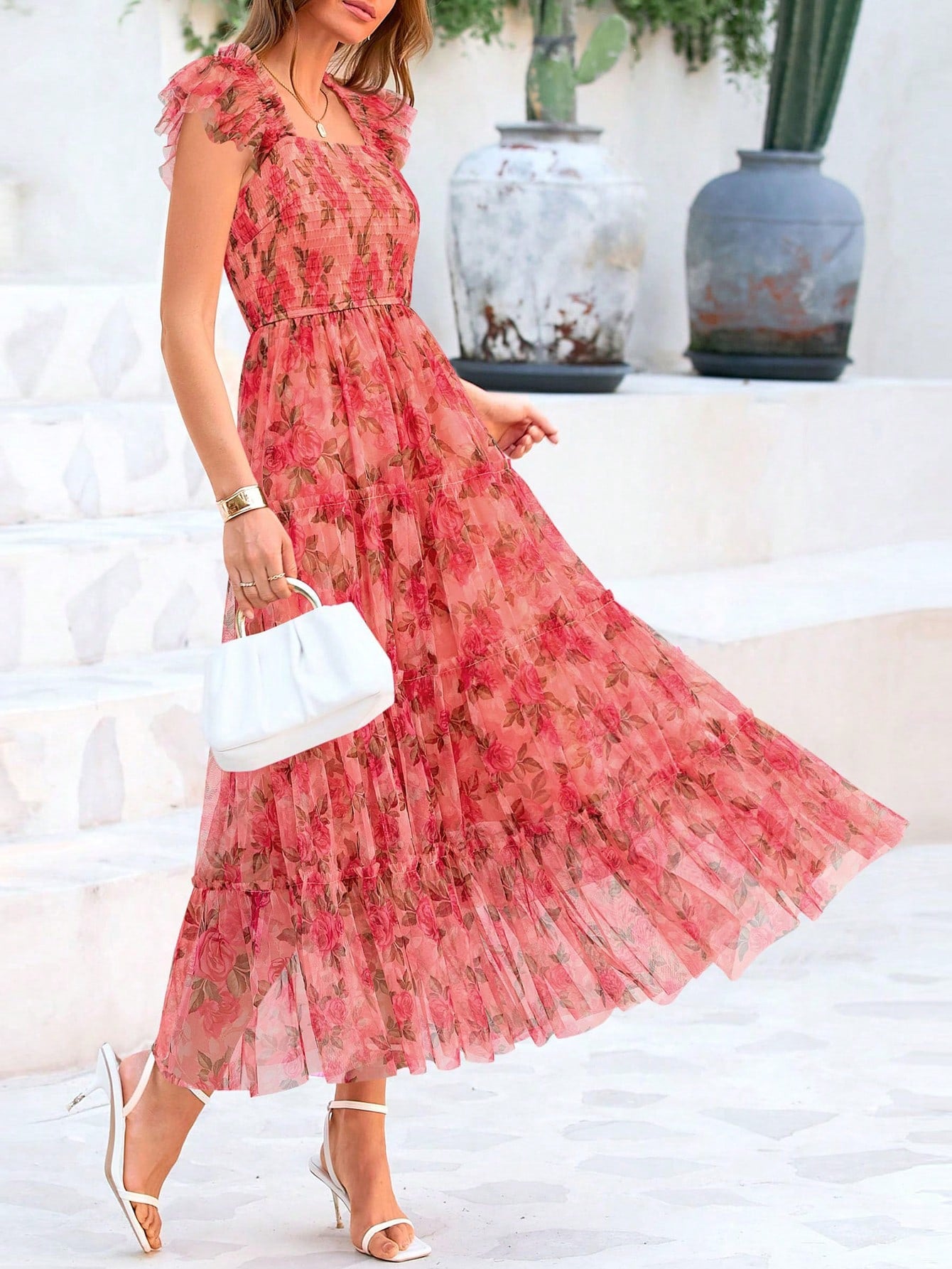Women's Summer Mid-Length Dress Casual Sleeveless Pleats Ruffled