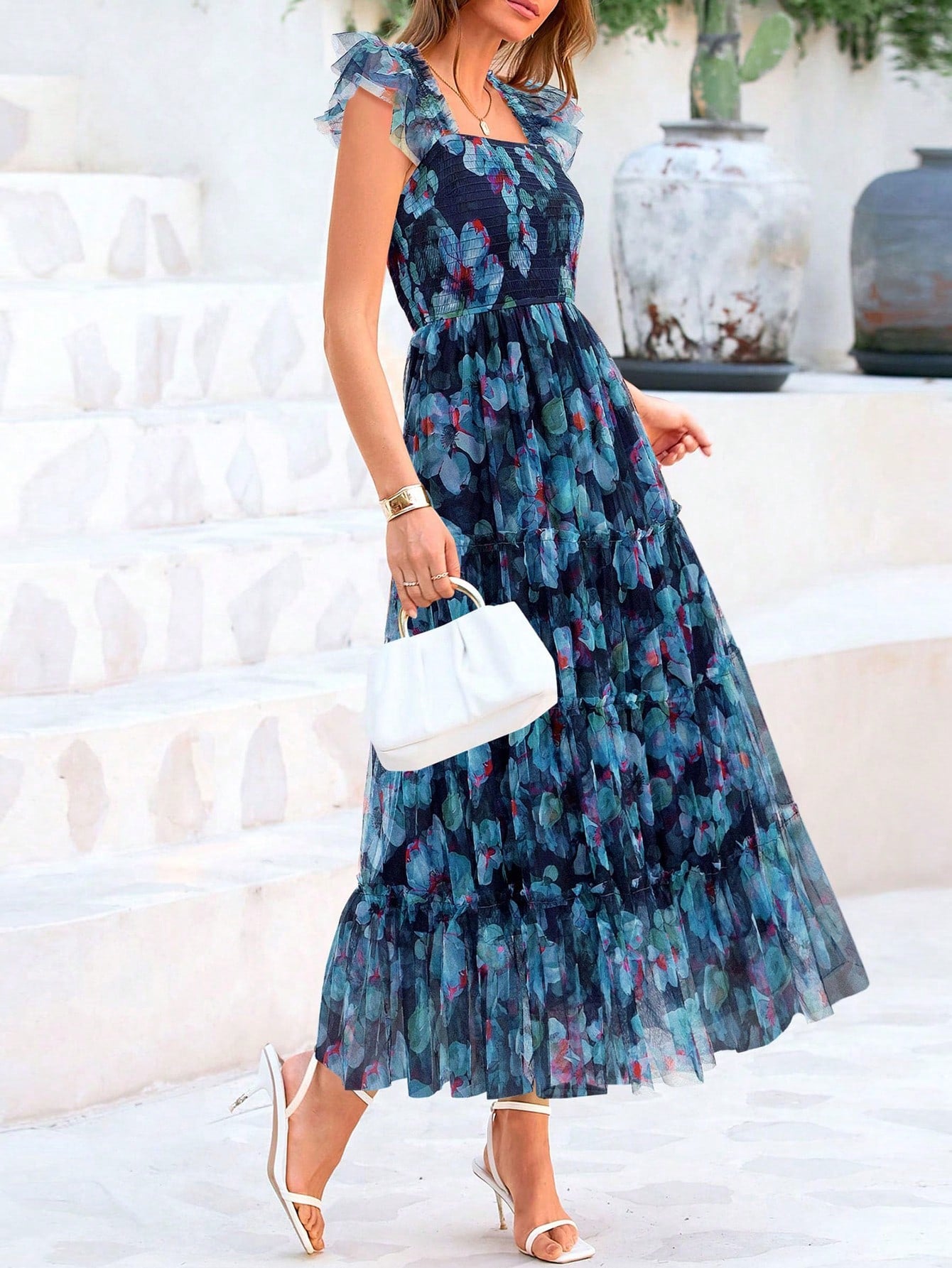 Women's Summer Mid-Length Dress Casual Sleeveless Pleats Ruffled