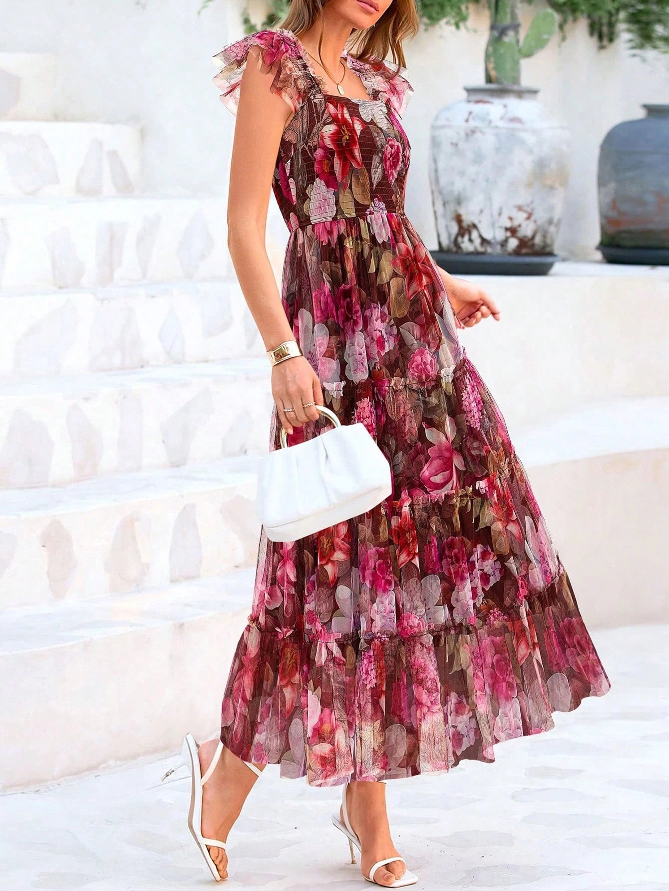 Women's Summer Mid-Length Dress Casual Sleeveless Pleats Ruffled
