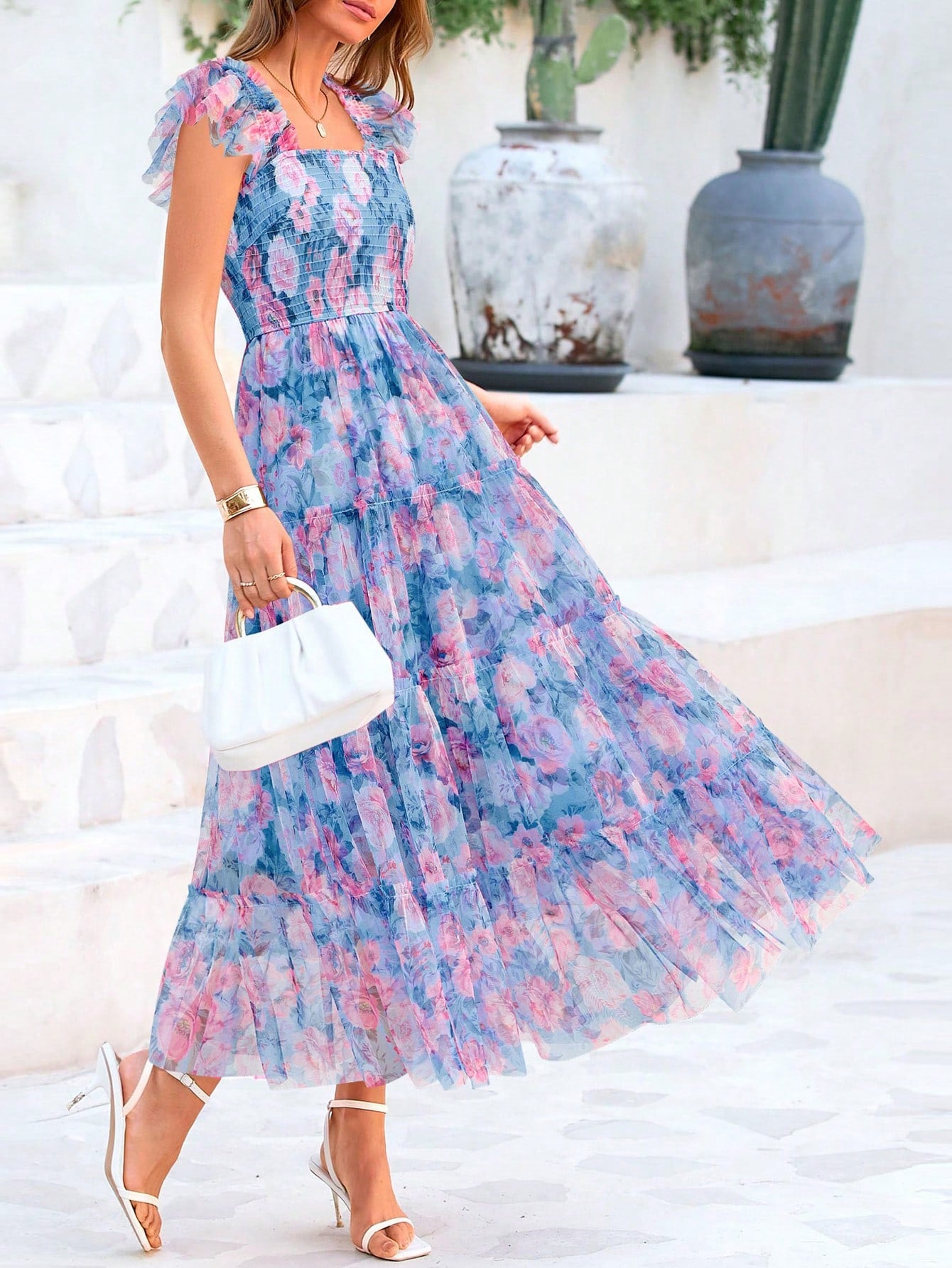 Women's Summer Mid-Length Dress Casual Sleeveless Pleats Ruffled