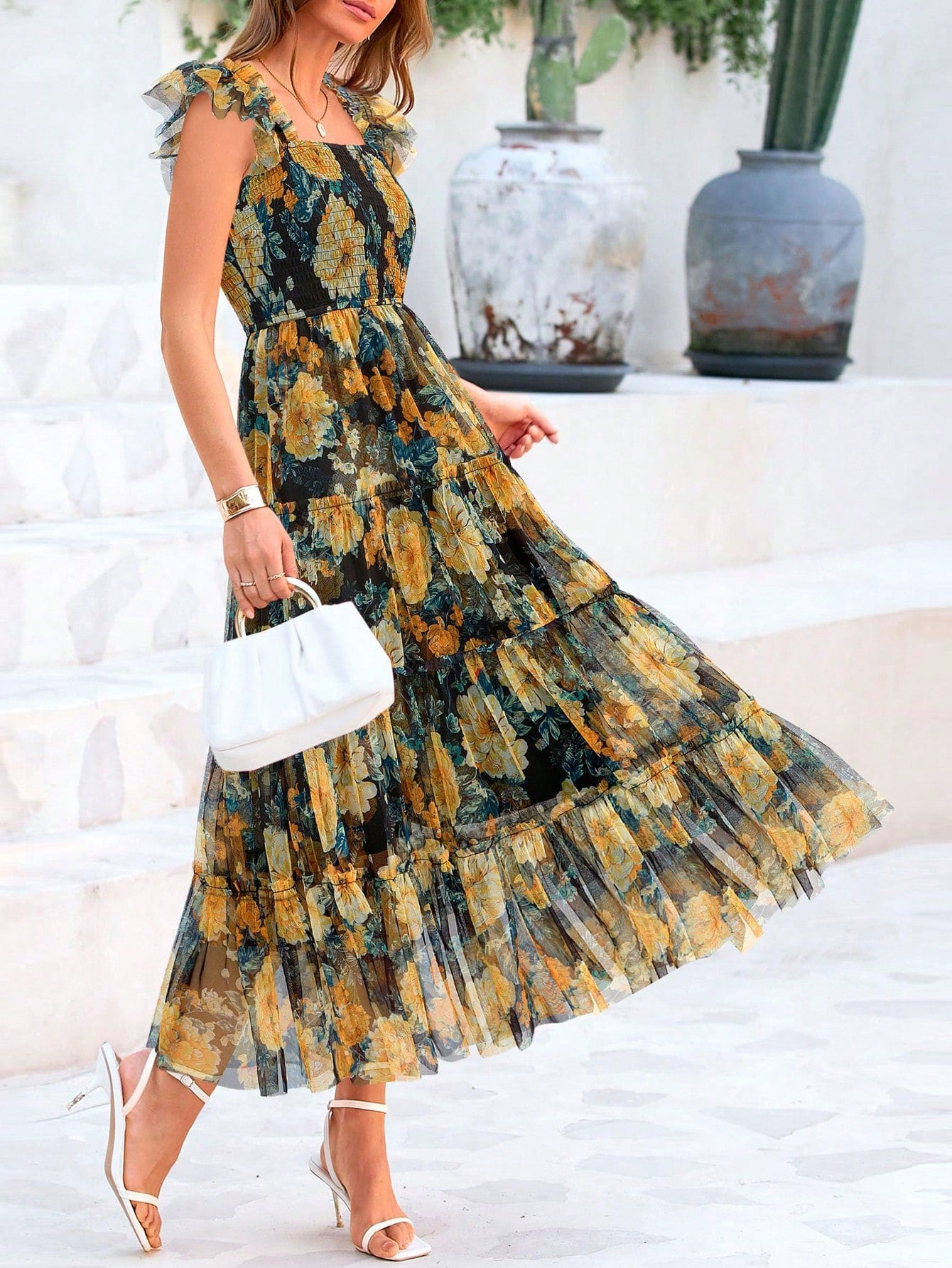 Women's Summer Mid-Length Dress Casual Sleeveless Pleats Ruffled