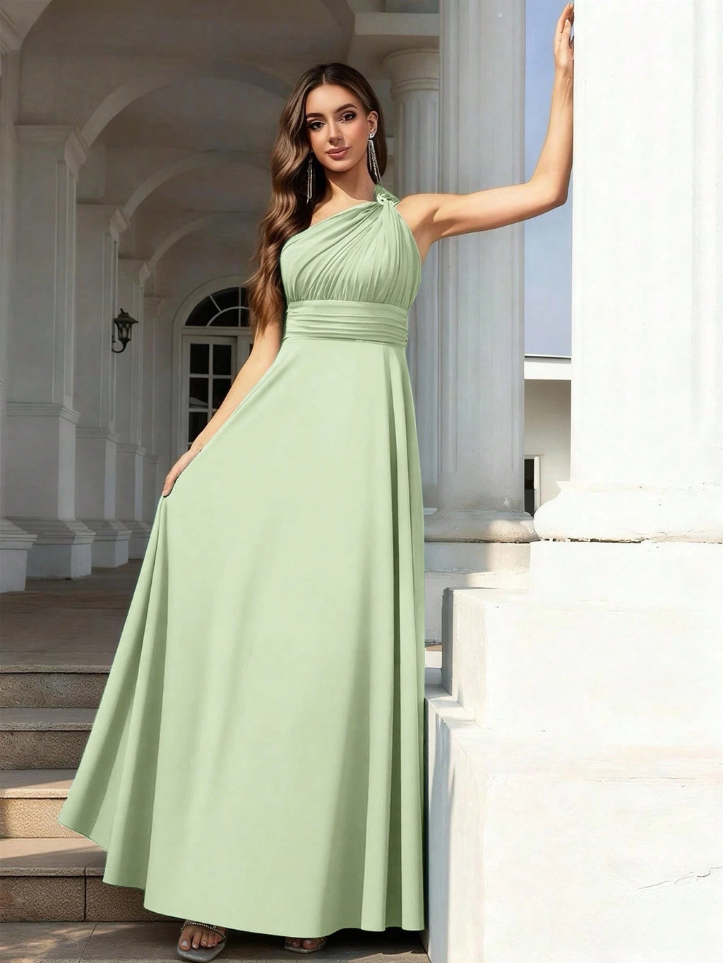 Volly Toych Elegant Sleeveless Long Bridesmaid Dress In Greyish Blue, With Asymmetric Neckline And Draped - image 15
