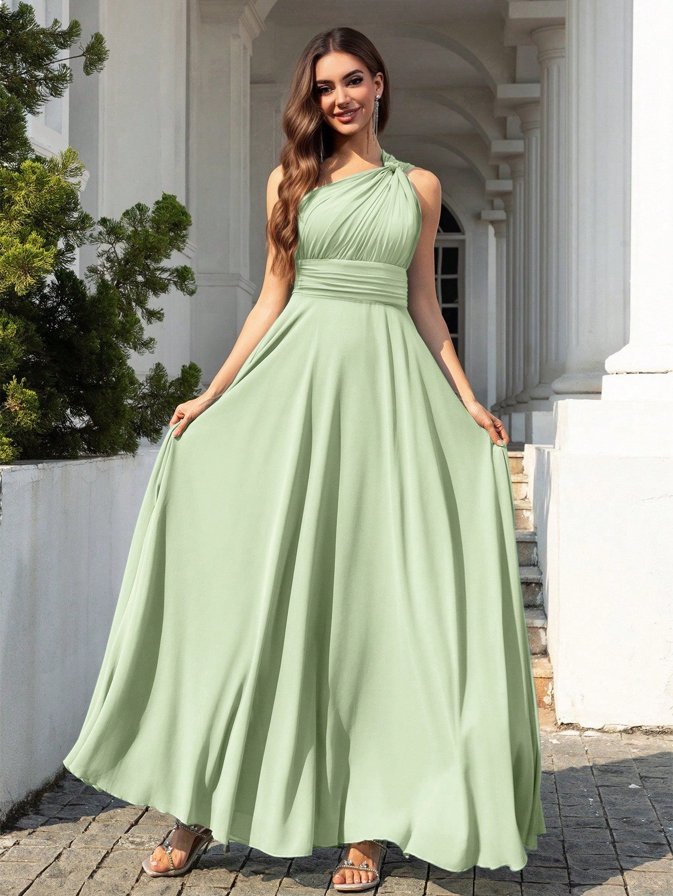 Volly Toych Elegant Sleeveless Long Bridesmaid Dress In Greyish Blue, With Asymmetric Neckline And Draped - image 11