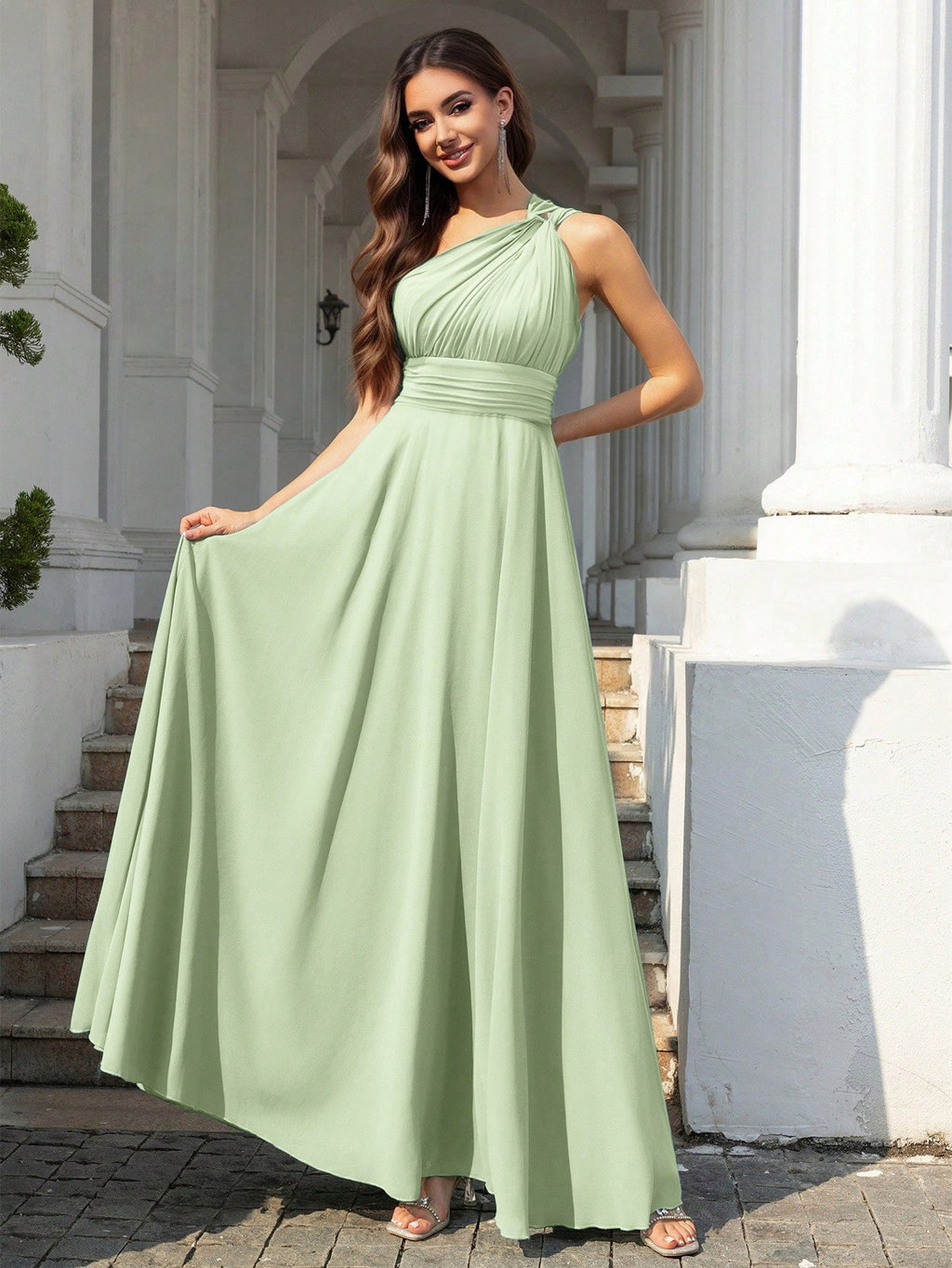 Volly Toych Elegant Sleeveless Long Bridesmaid Dress In Greyish Blue, With Asymmetric Neckline And Draped - image 13