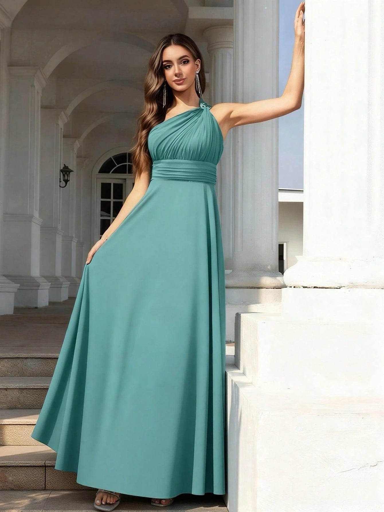 Volly Toych Elegant Sleeveless Long Bridesmaid Dress In Greyish Blue, With Asymmetric Neckline And Draped - image 5