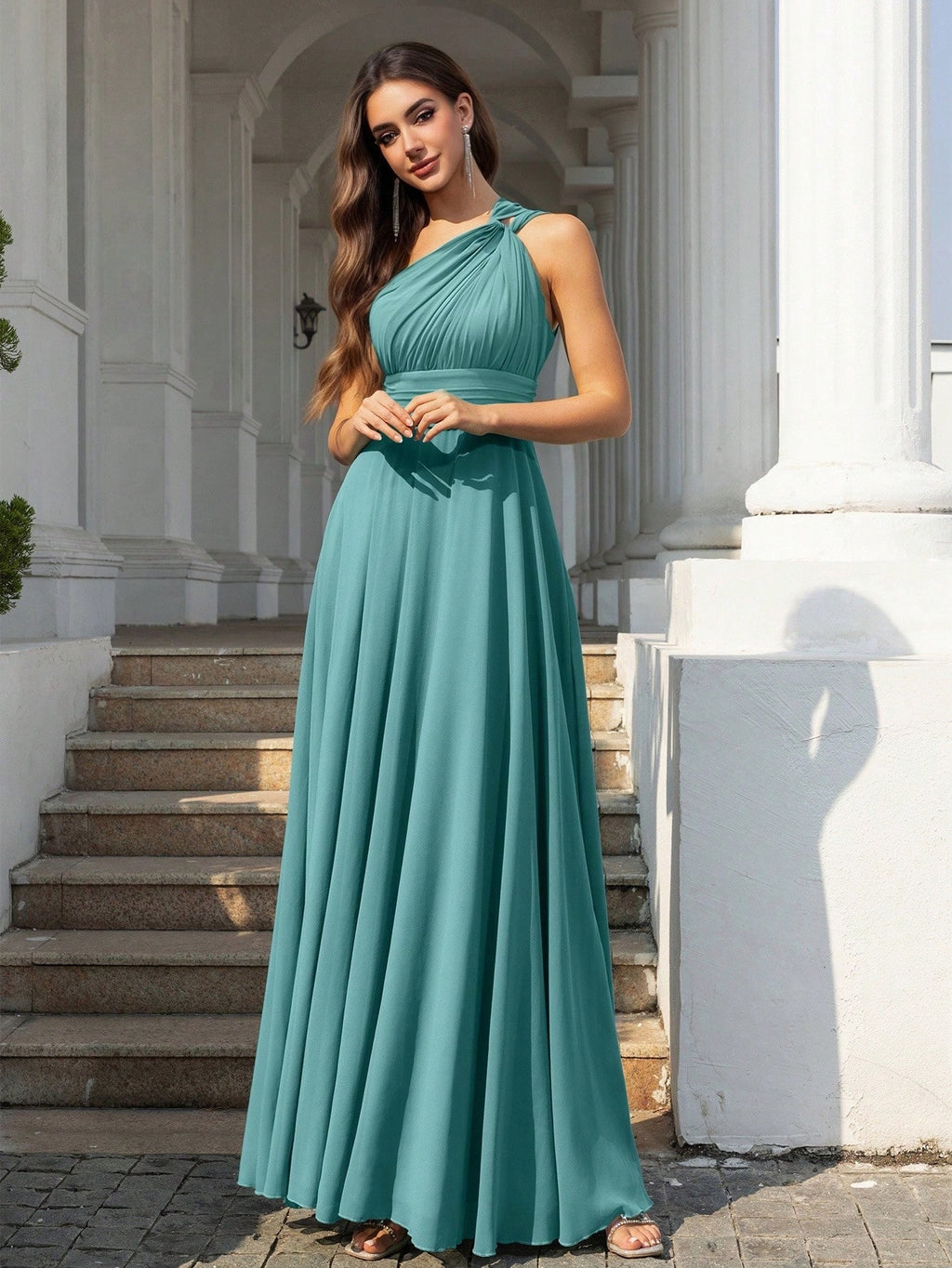 Volly Toych Elegant Sleeveless Long Bridesmaid Dress In Greyish Blue, With Asymmetric Neckline And Draped - image 4