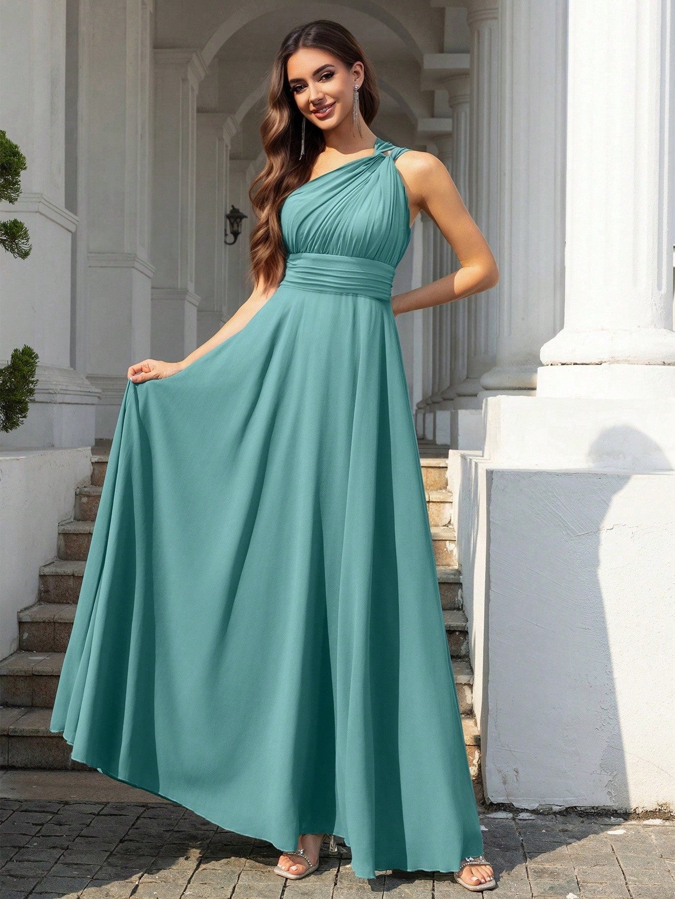 Volly Toych Elegant Sleeveless Long Bridesmaid Dress In Greyish Blue, With Asymmetric Neckline And Draped - image 3