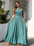 Volly Toych Elegant Sleeveless Long Bridesmaid Dress In Greyish Blue, With Asymmetric Neckline And Draped