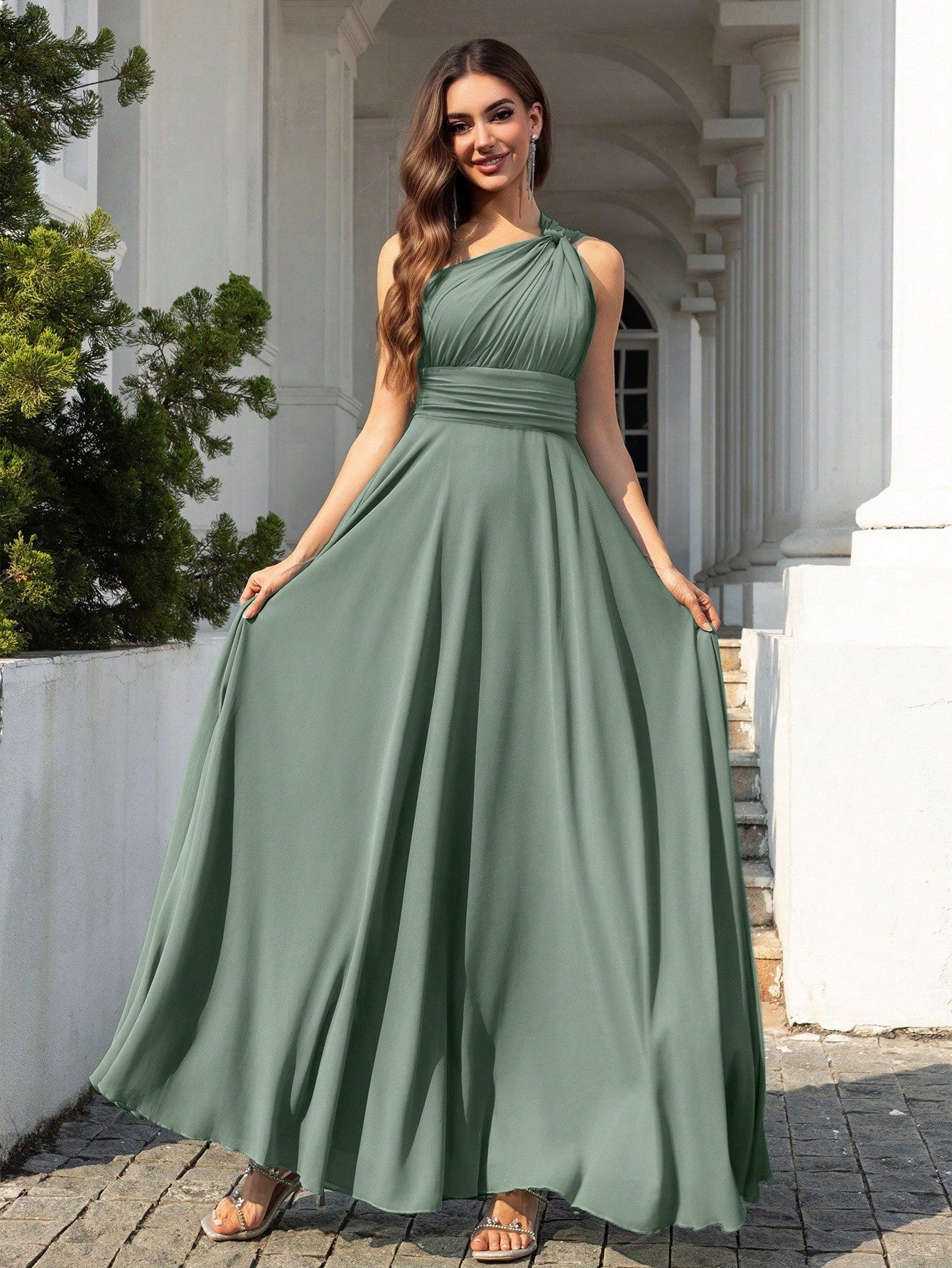 Volly Toych Elegant Sleeveless Long Bridesmaid Dress In Greyish Blue, With Asymmetric Neckline And Draped - image 17