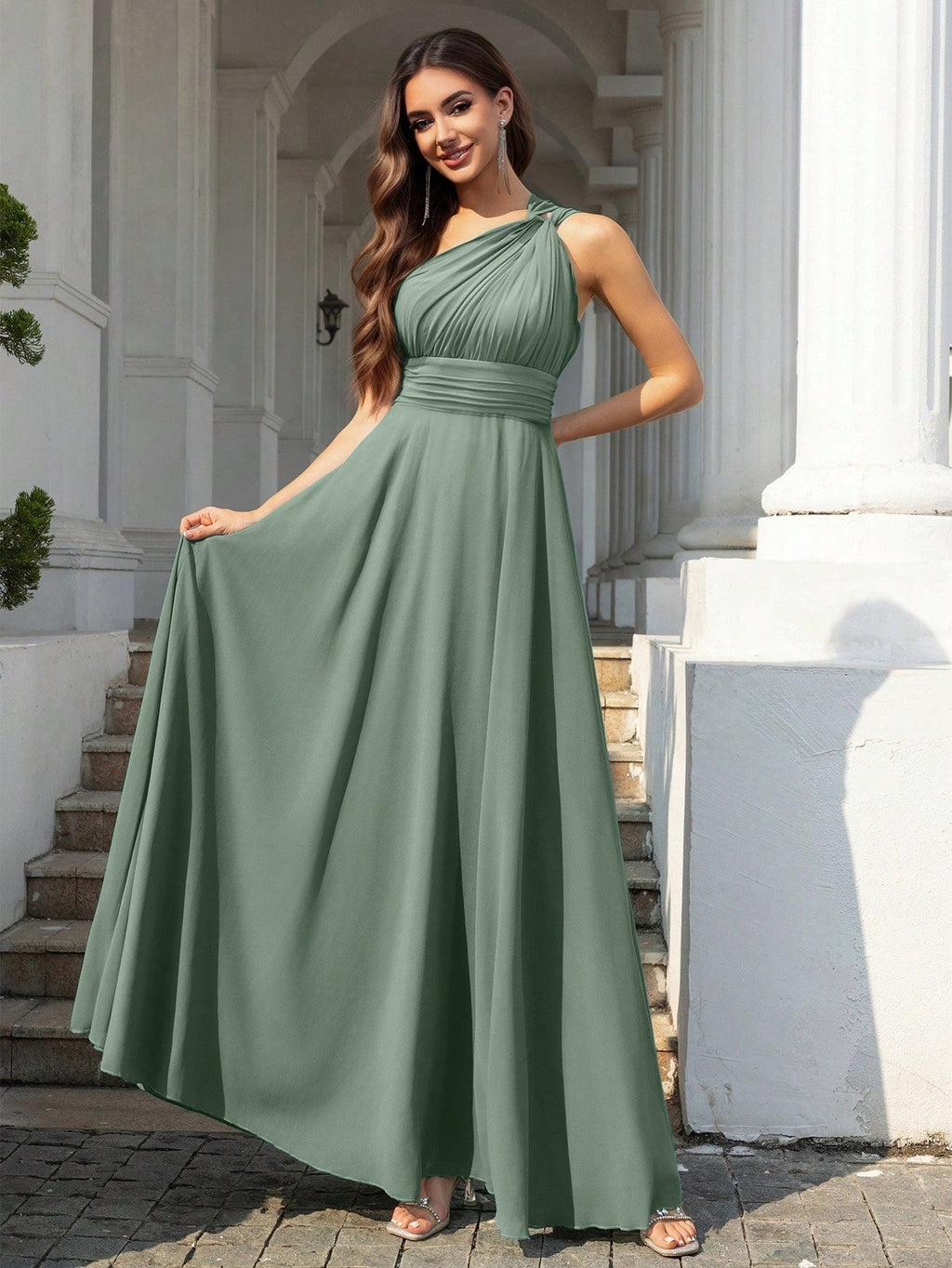 Volly Toych Elegant Sleeveless Long Bridesmaid Dress In Greyish Blue, With Asymmetric Neckline And Draped - image 19