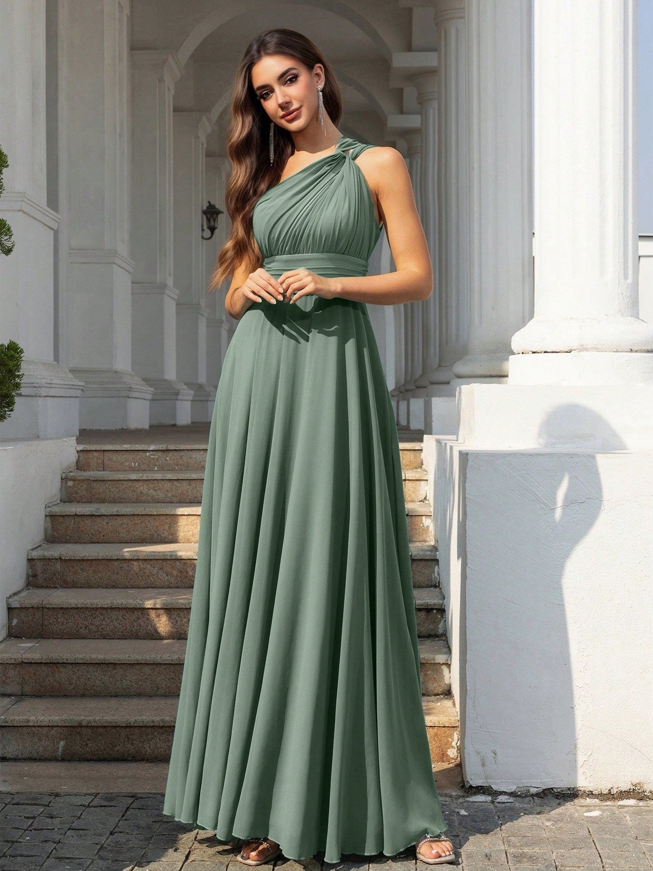 Volly Toych Elegant Sleeveless Long Bridesmaid Dress In Greyish Blue, With Asymmetric Neckline And Draped - image 20