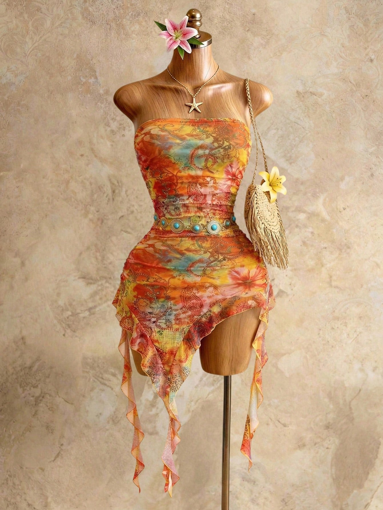 Swim SXY Women's Vacation Cashew Floral Print Patchwork Ruffle Asymmetric Hem Fitted Sexy Bandeau - image 4