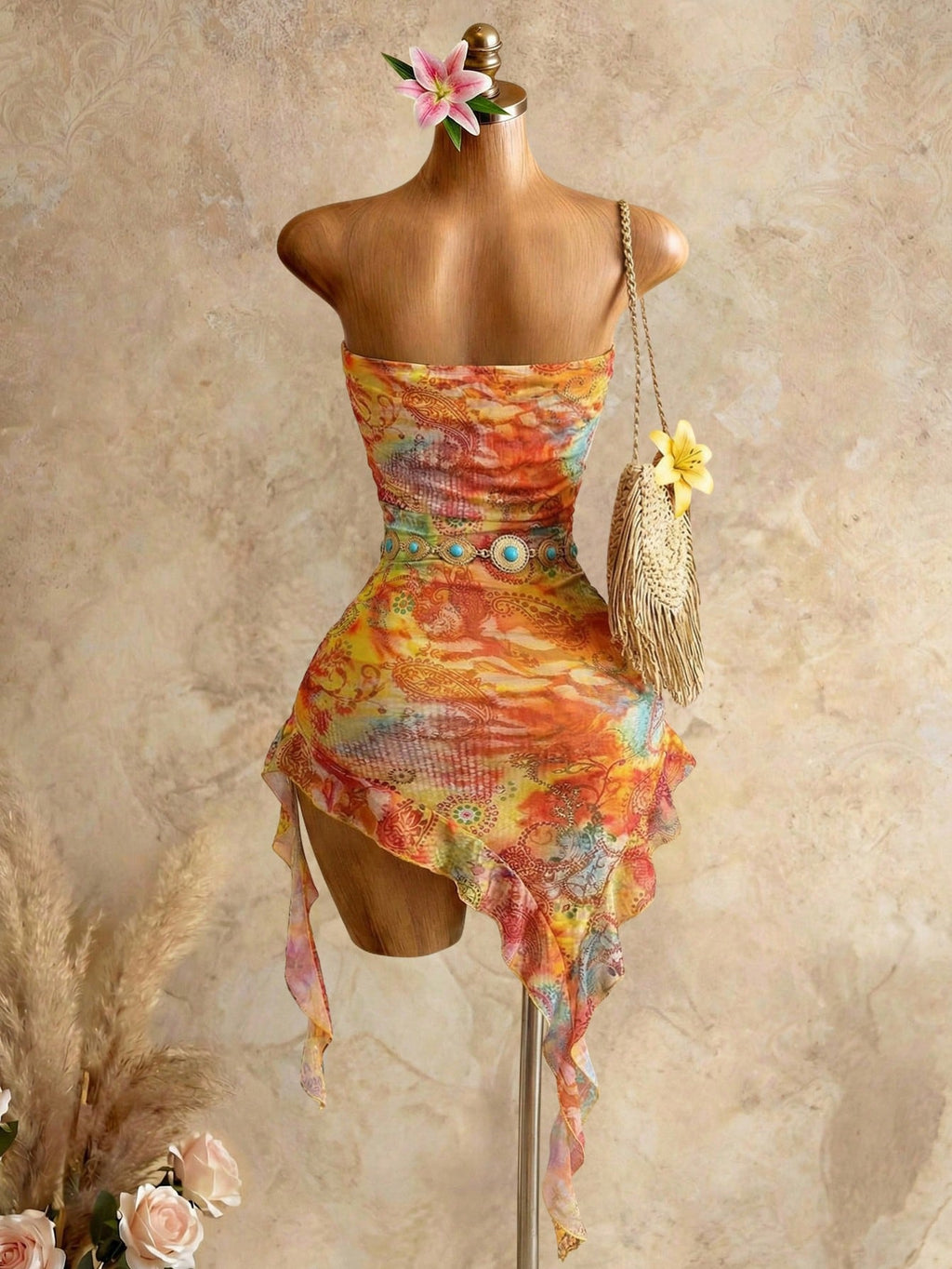 Swim SXY Women's Vacation Cashew Floral Print Patchwork Ruffle