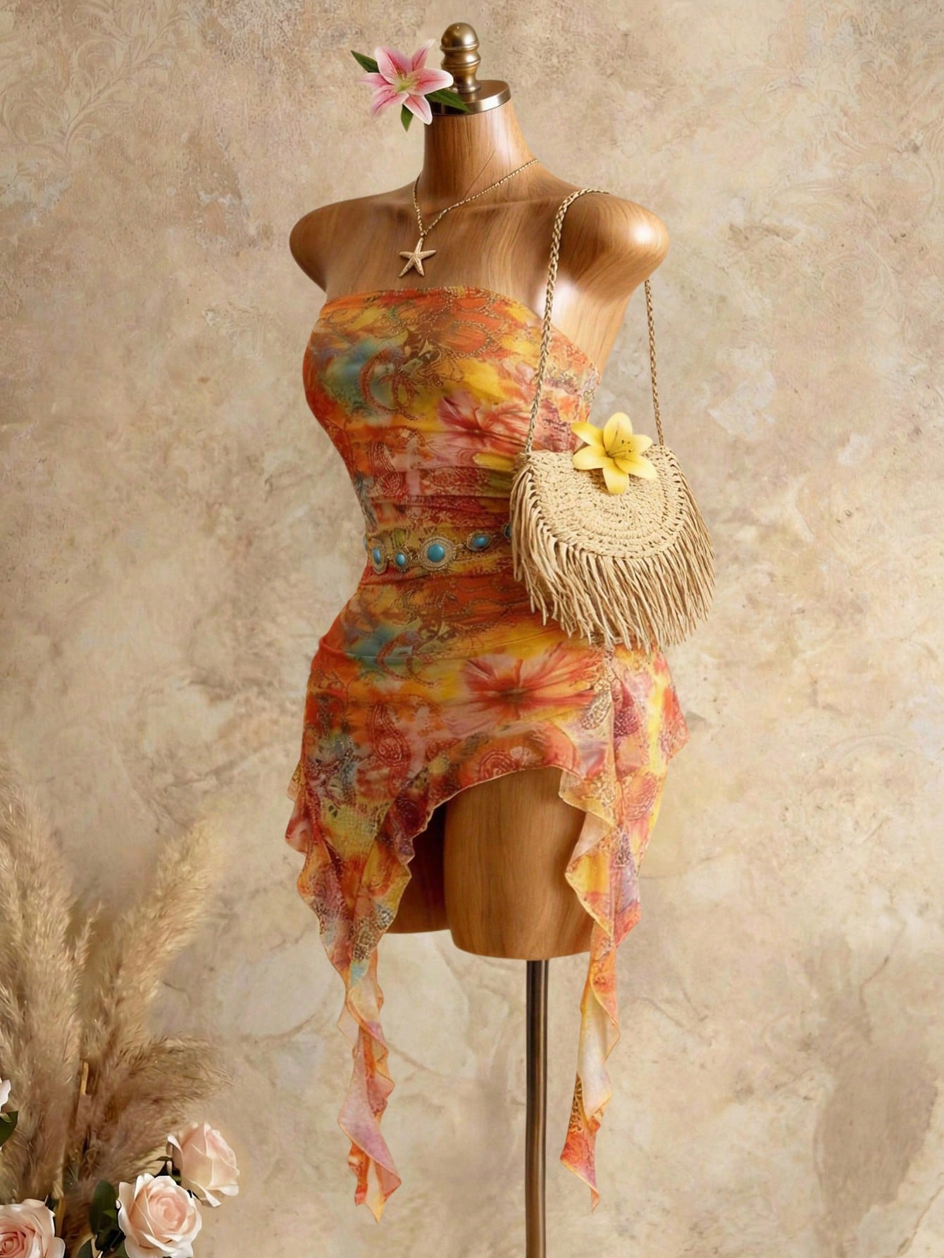 Swim SXY Women's Vacation Cashew Floral Print Patchwork Ruffle