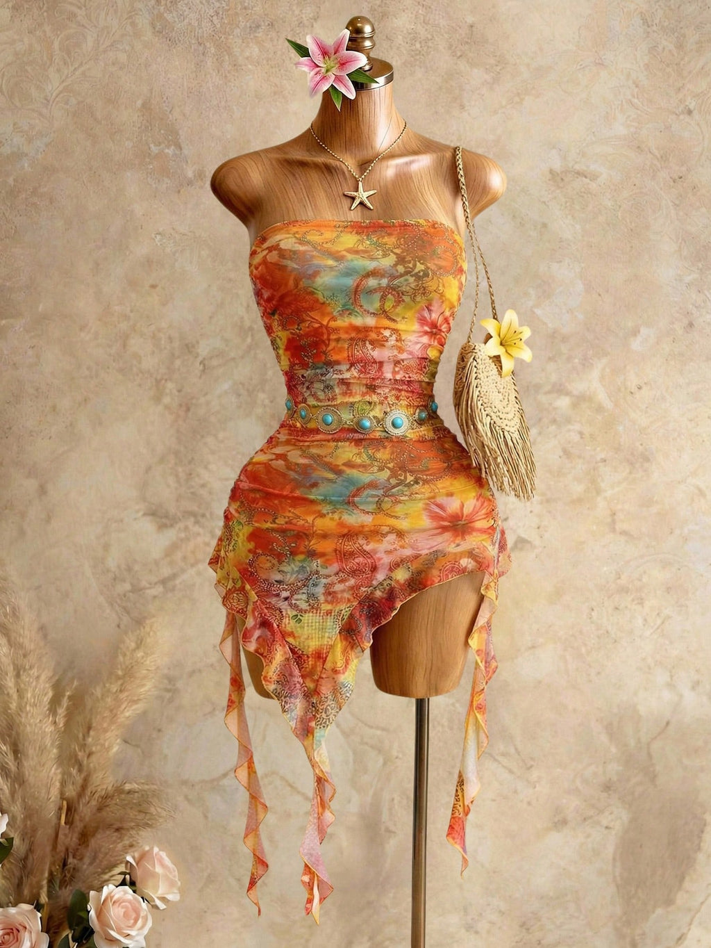 Swim SXY Women's Vacation Cashew Floral Print Patchwork Ruffle