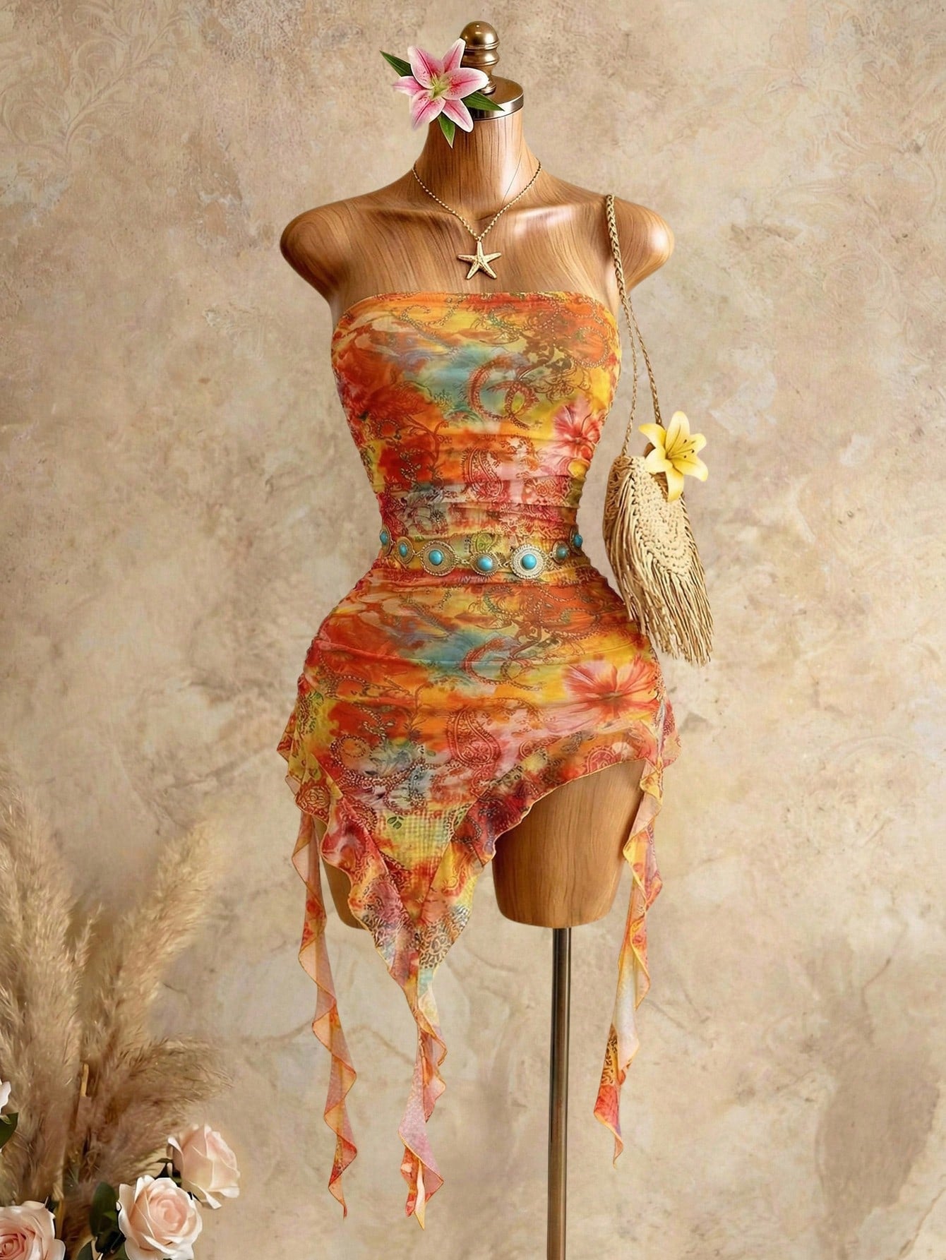 Swim SXY Women's Vacation Cashew Floral Print Patchwork Ruffle