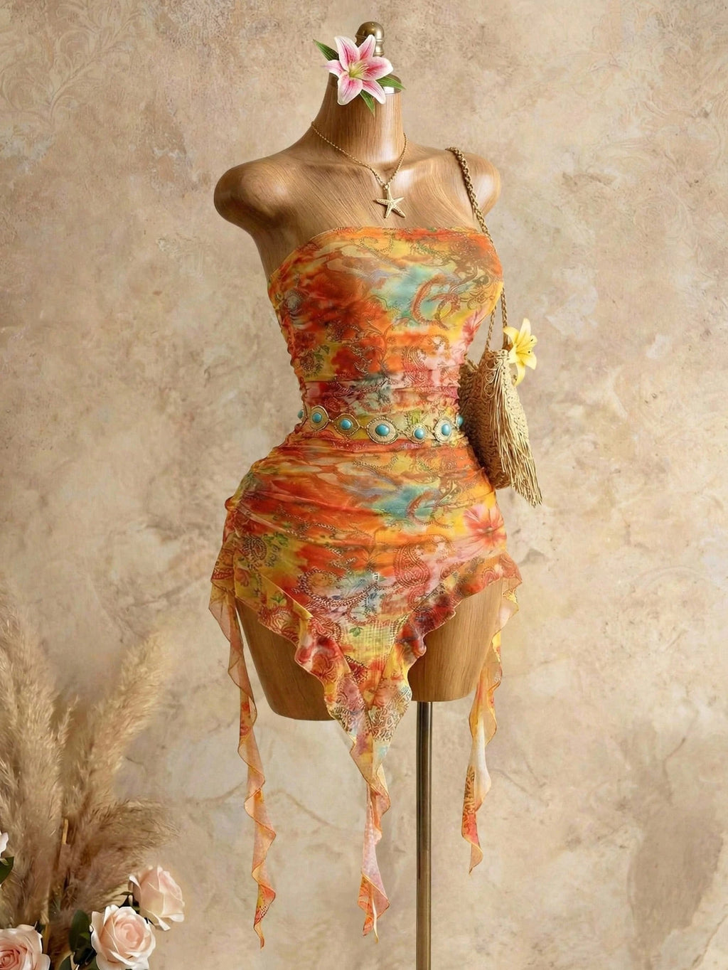 Swim SXY Women's Vacation Cashew Floral Print Patchwork Ruffle