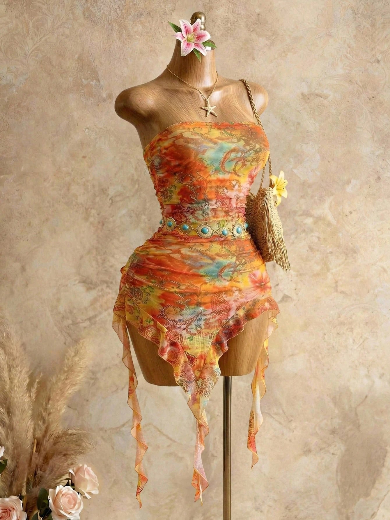 Swim SXY Women's Vacation Cashew Floral Print Patchwork Ruffle