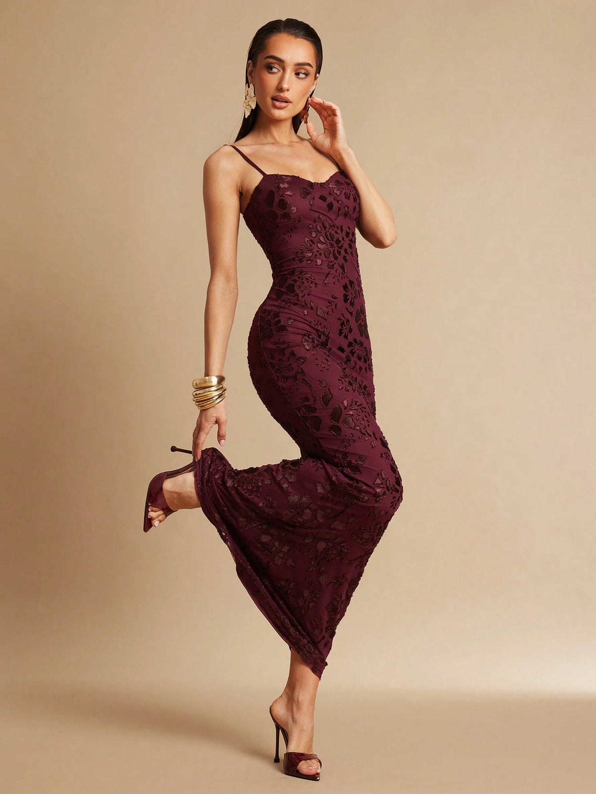 Silquee Women's Elegant Dark Brown 3D Floral Maxi Dress