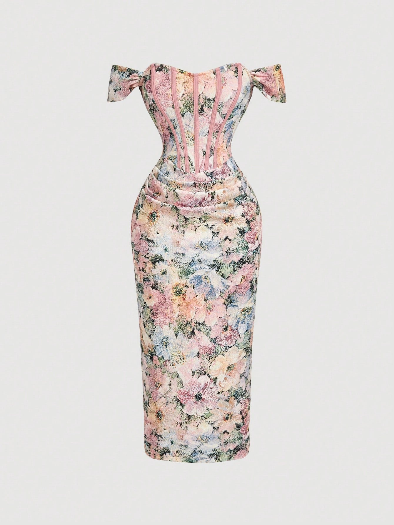 Skyraze Women's Floral Print Off Shoulder Ruched Fitted Dress Wedding Vacation Party Pink And White Polka Dot - image 13