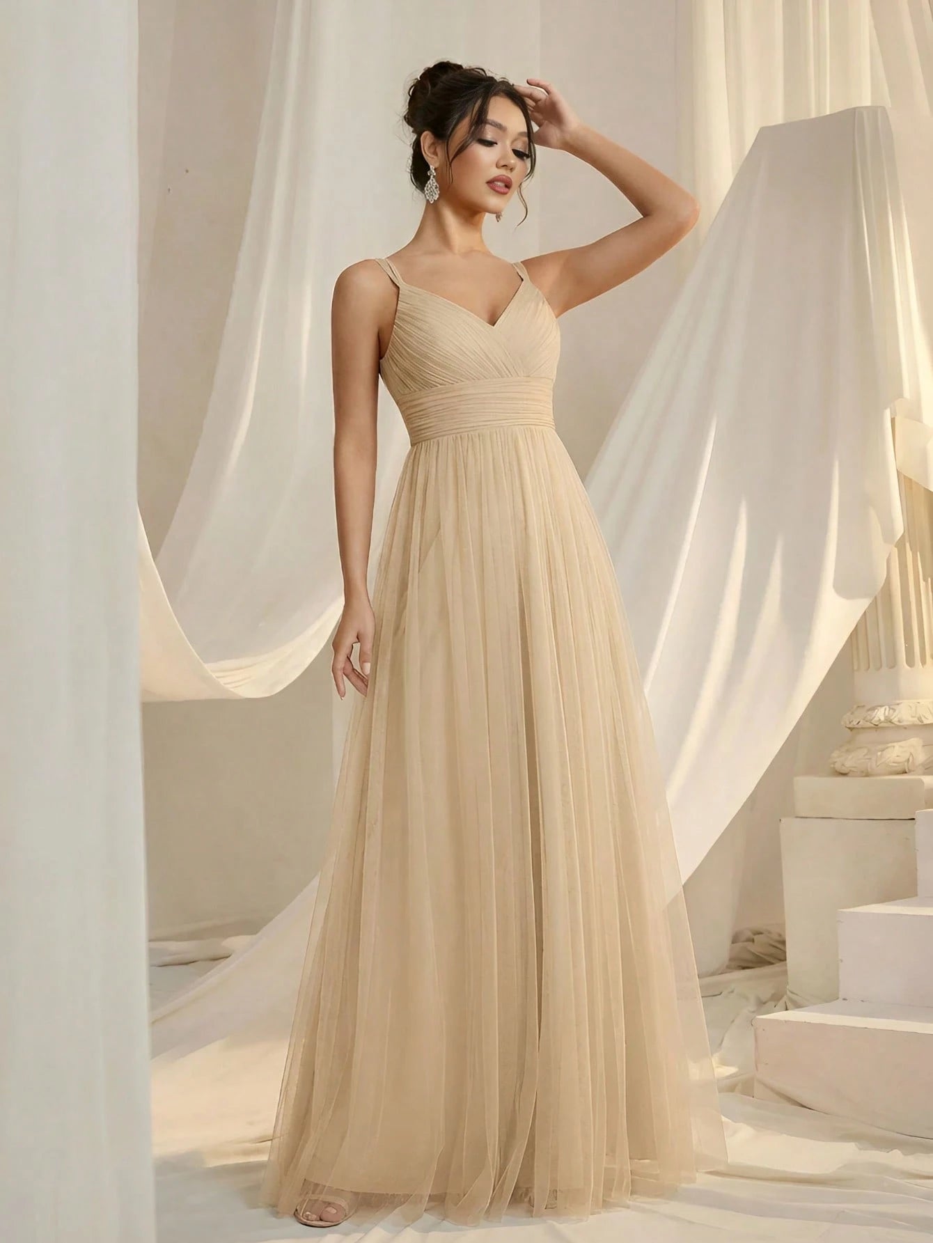 EVERPRETTY Elegant Lace Contrast Mesh Backless Pink Bridesmaid Dress,