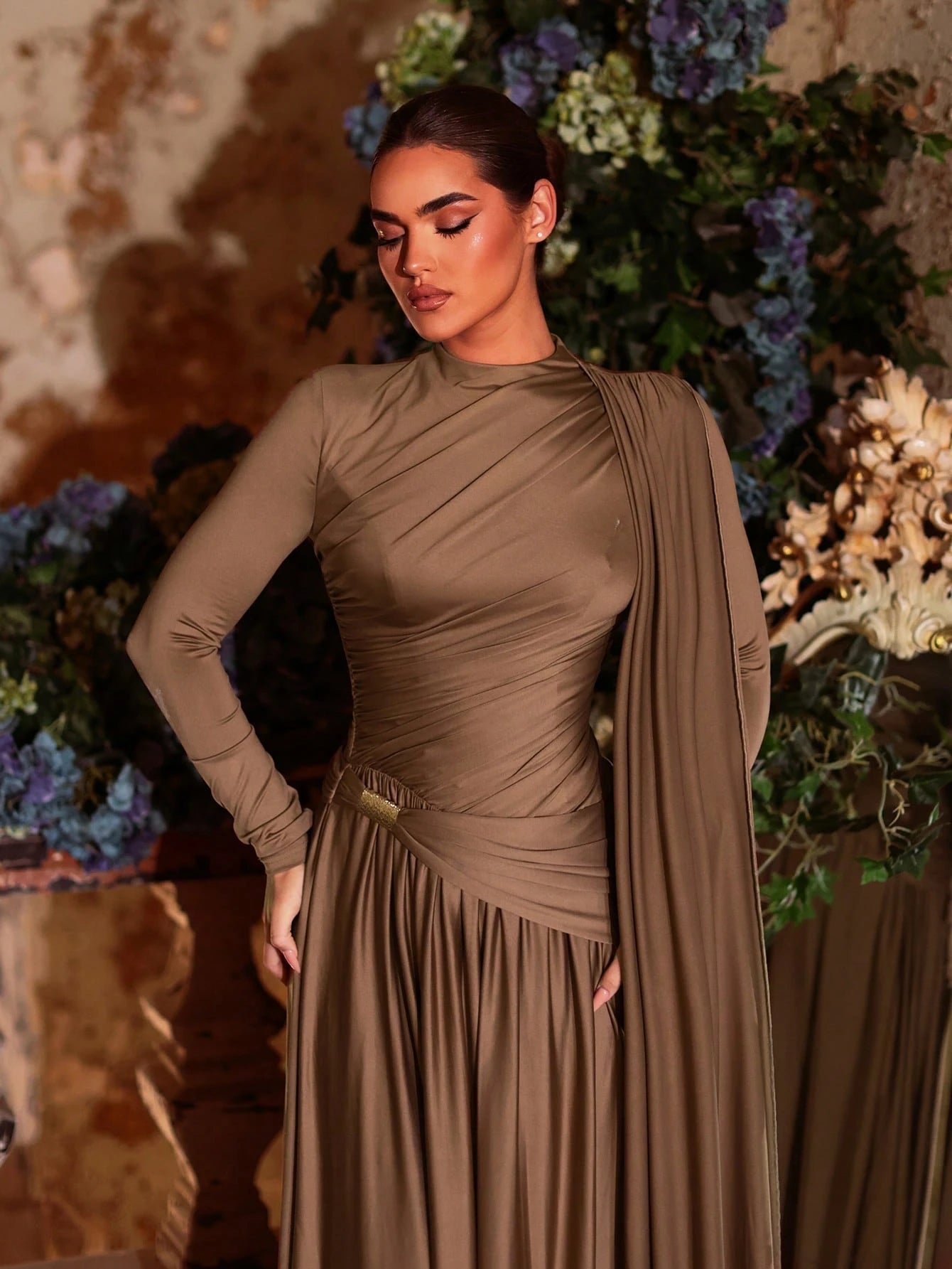 Aureia Mocha Winter Evening Dress,Formal Wedding Bridesmaid Dress,Grey-Brown Stretch Knit,Metallic Pleated - image 8