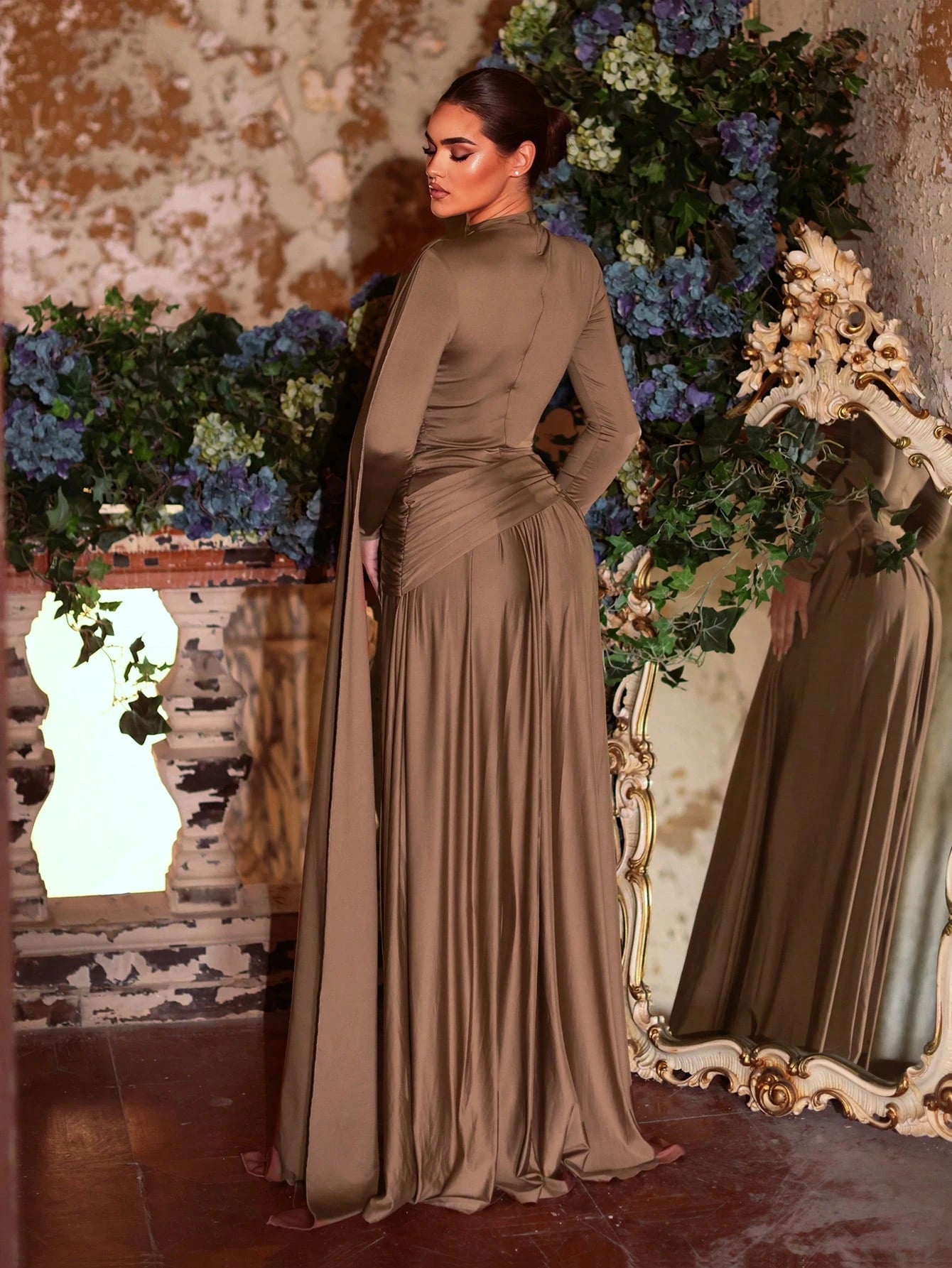 Aureia Mocha Winter Evening Dress,Formal Wedding Bridesmaid Dress,Grey-Brown Stretch Knit,Metallic Pleated - image 17