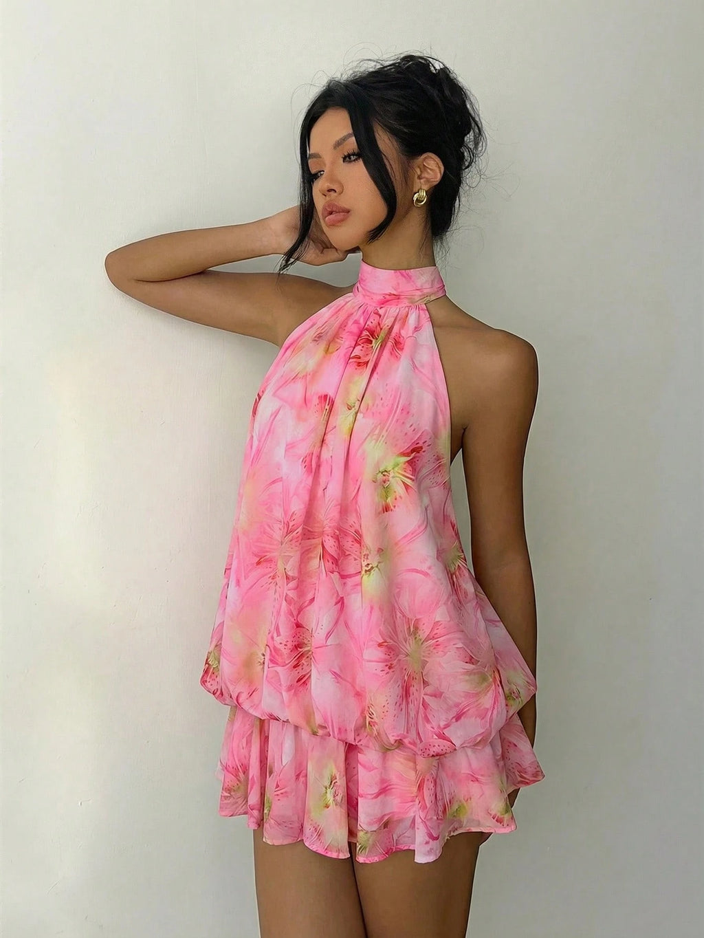 Aloruh Chic Green Halter Neck Mini Dress For Women Casual A Line
