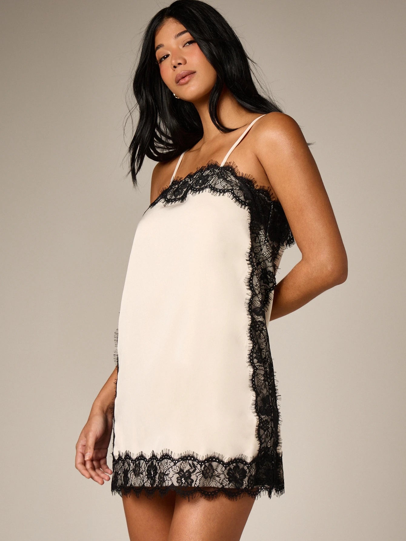 AiiRZ Satin Mini Dress With Contrast Black Lace Trim Eyelash Detailing Strapless Bodycon Evening Party Date - image 6