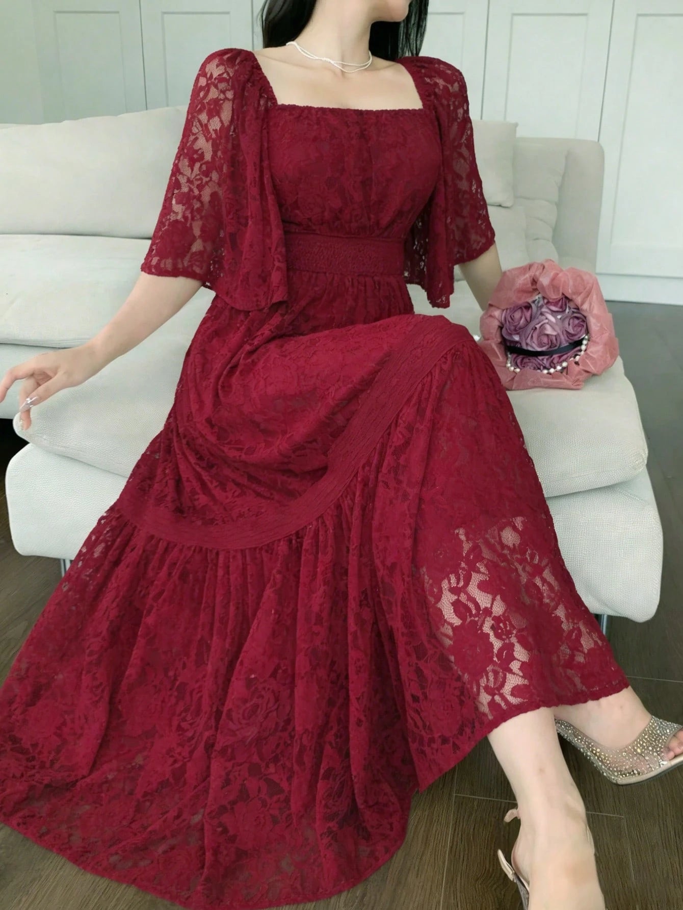 DAZY Contrast Color Lace Full Floral Print Mid-Length Dress For Women