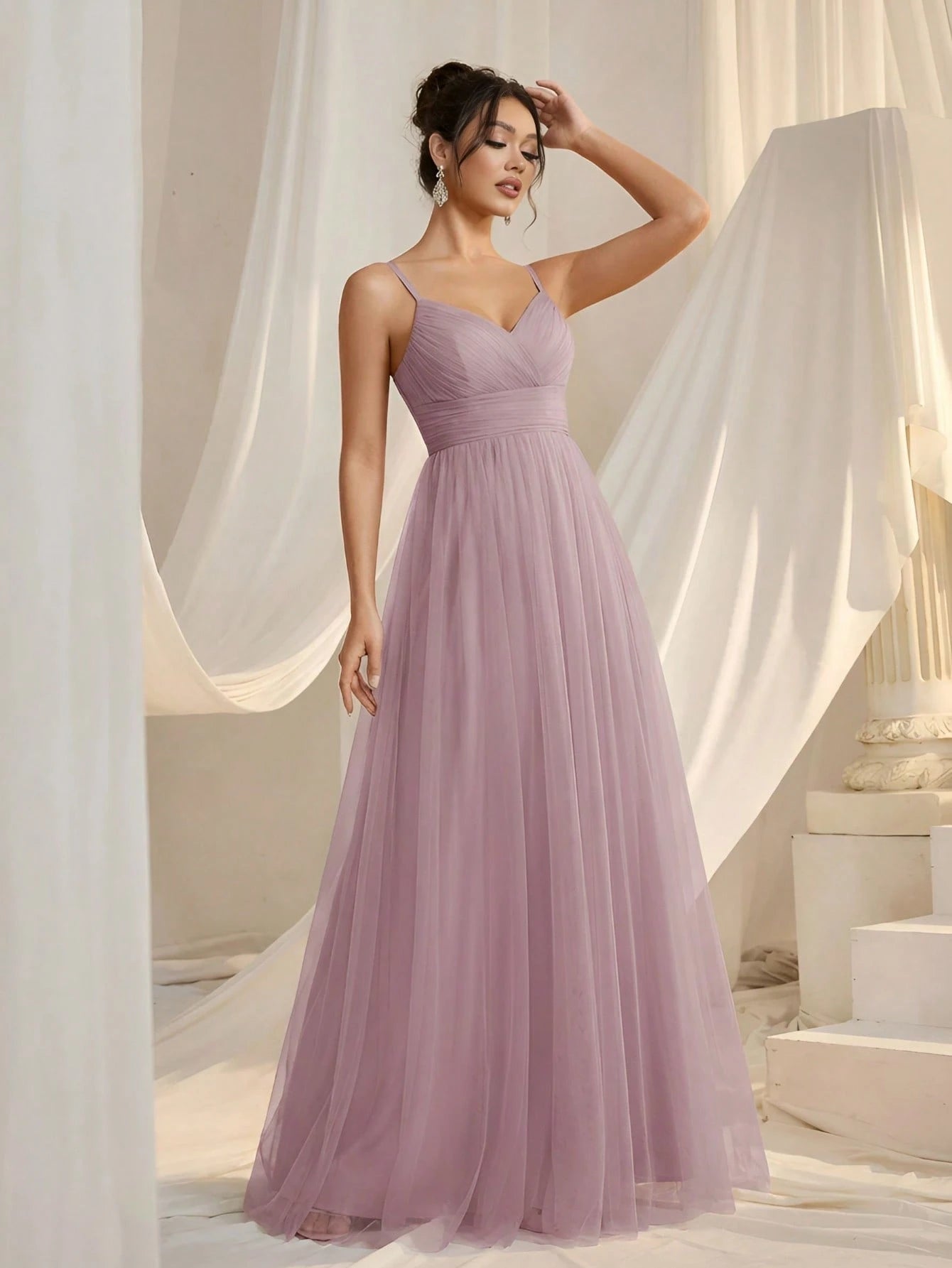 EVERPRETTY Elegant Lace Contrast Mesh Backless Pink Bridesmaid Dress,