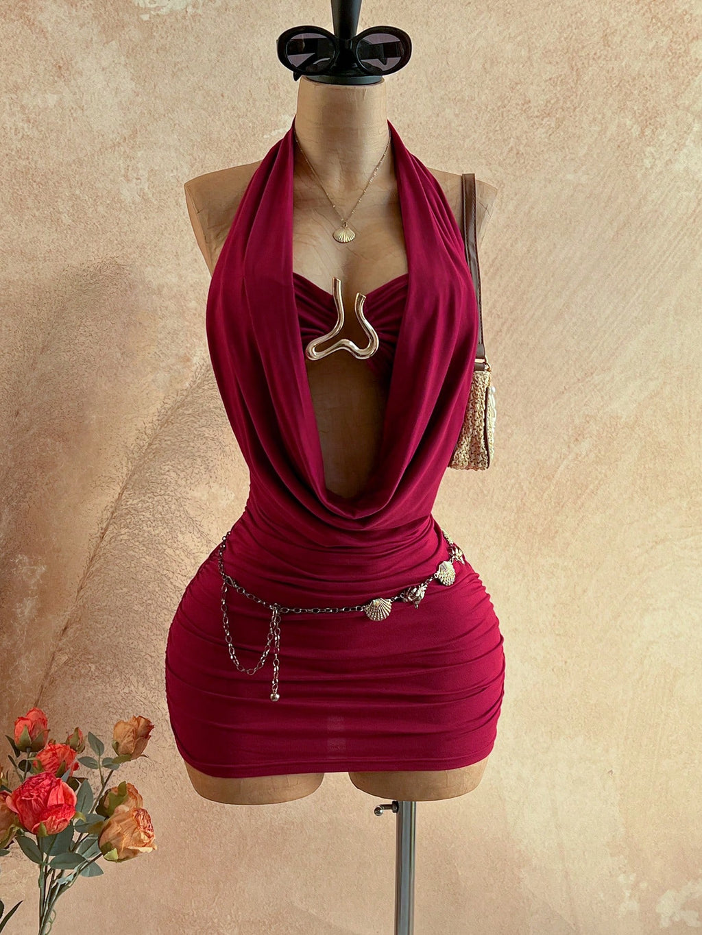 Soleia Women's Cowl Neck Backless Halter Mini Dress,No Breast Pads