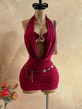 Soleia Women's Cowl Neck Backless Halter Mini Dress,No Breast Pads