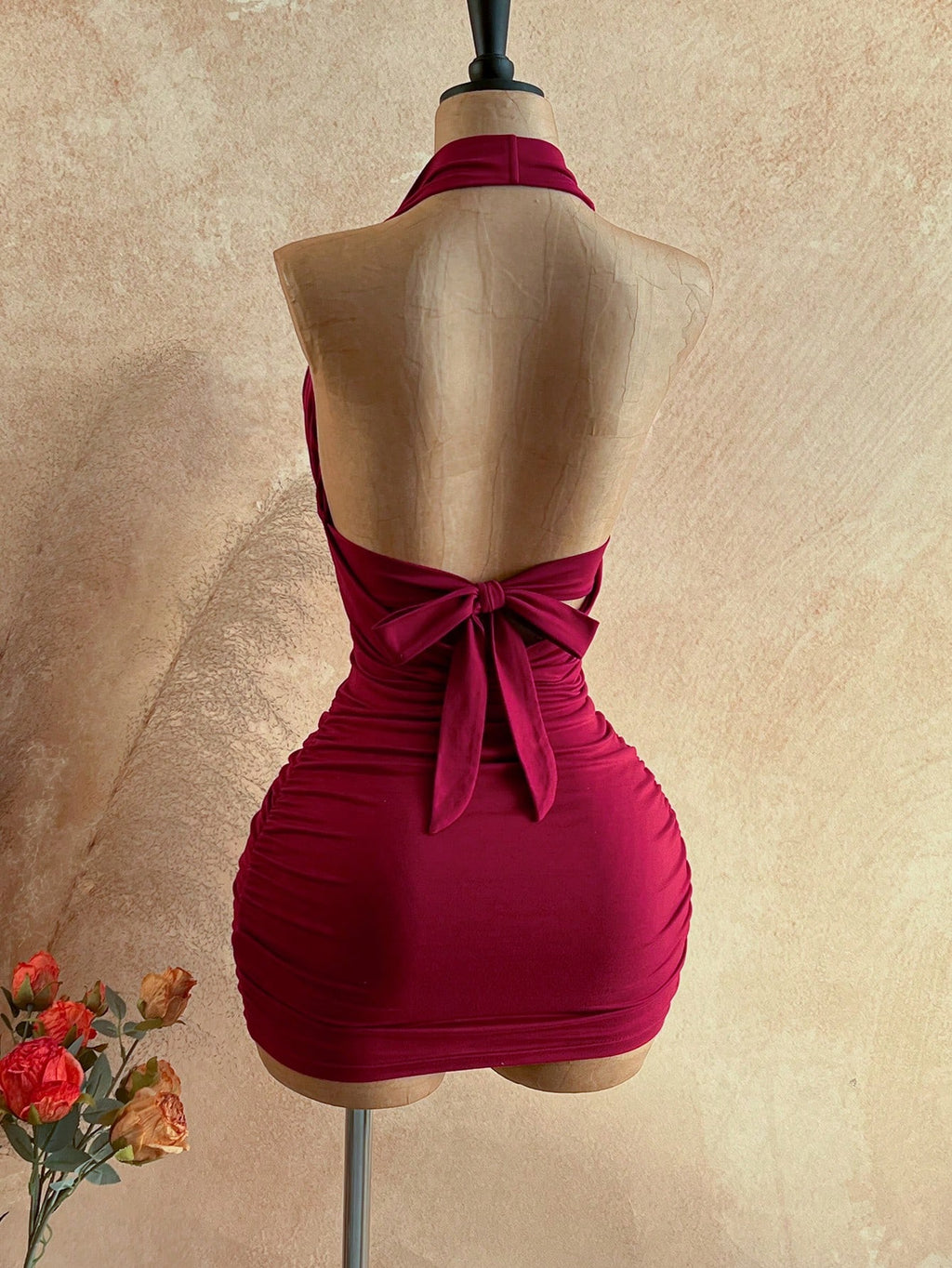 Soleia Women's Cowl Neck Backless Halter Mini Dress,No Breast Pads