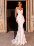 Glamrae White Summer Elegant Formal Party Wedding Mermaid Dress,Luxurious Pearl Beaded Lace Patchwork