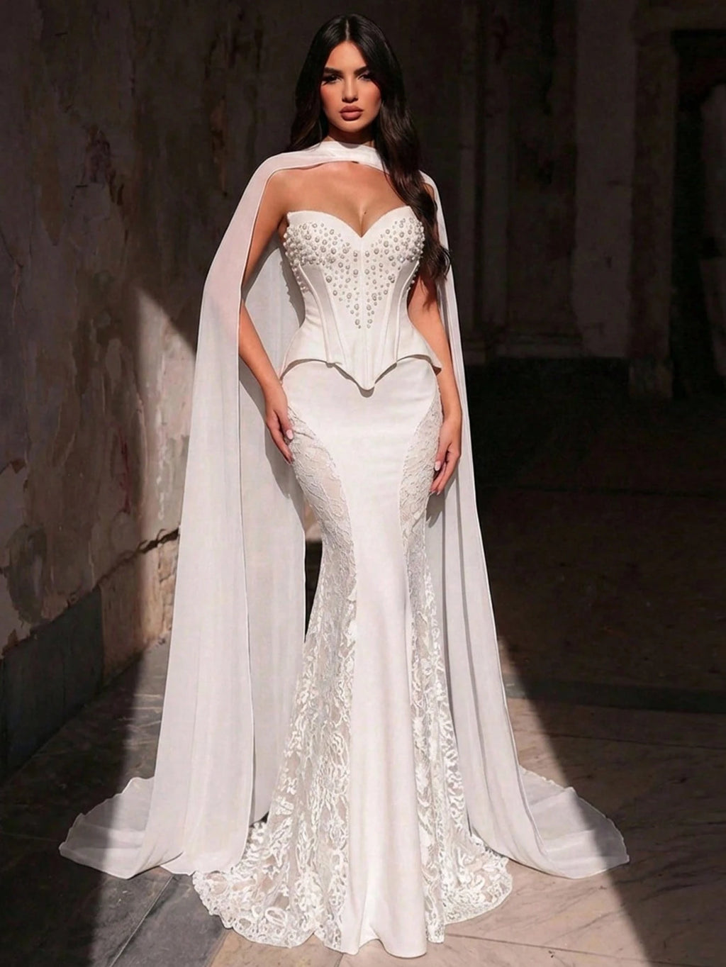 Glamrae White Summer Elegant Formal Party Wedding Mermaid Dress,Luxurious Pearl Beaded Lace Patchwork - image 3
