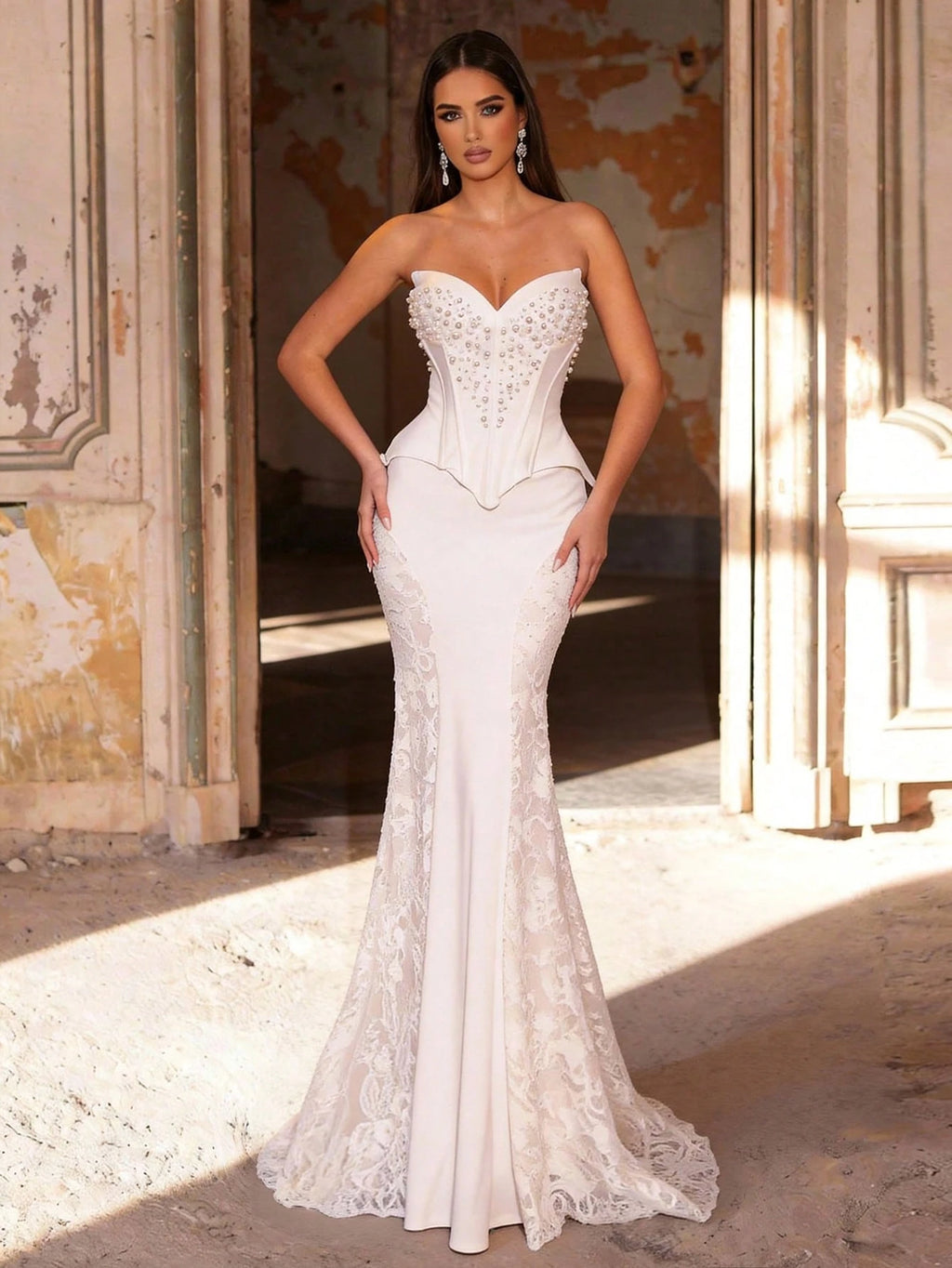 Glamrae White Summer Elegant Formal Party Wedding Mermaid Dress,Luxurious Pearl Beaded Lace Patchwork - image 5